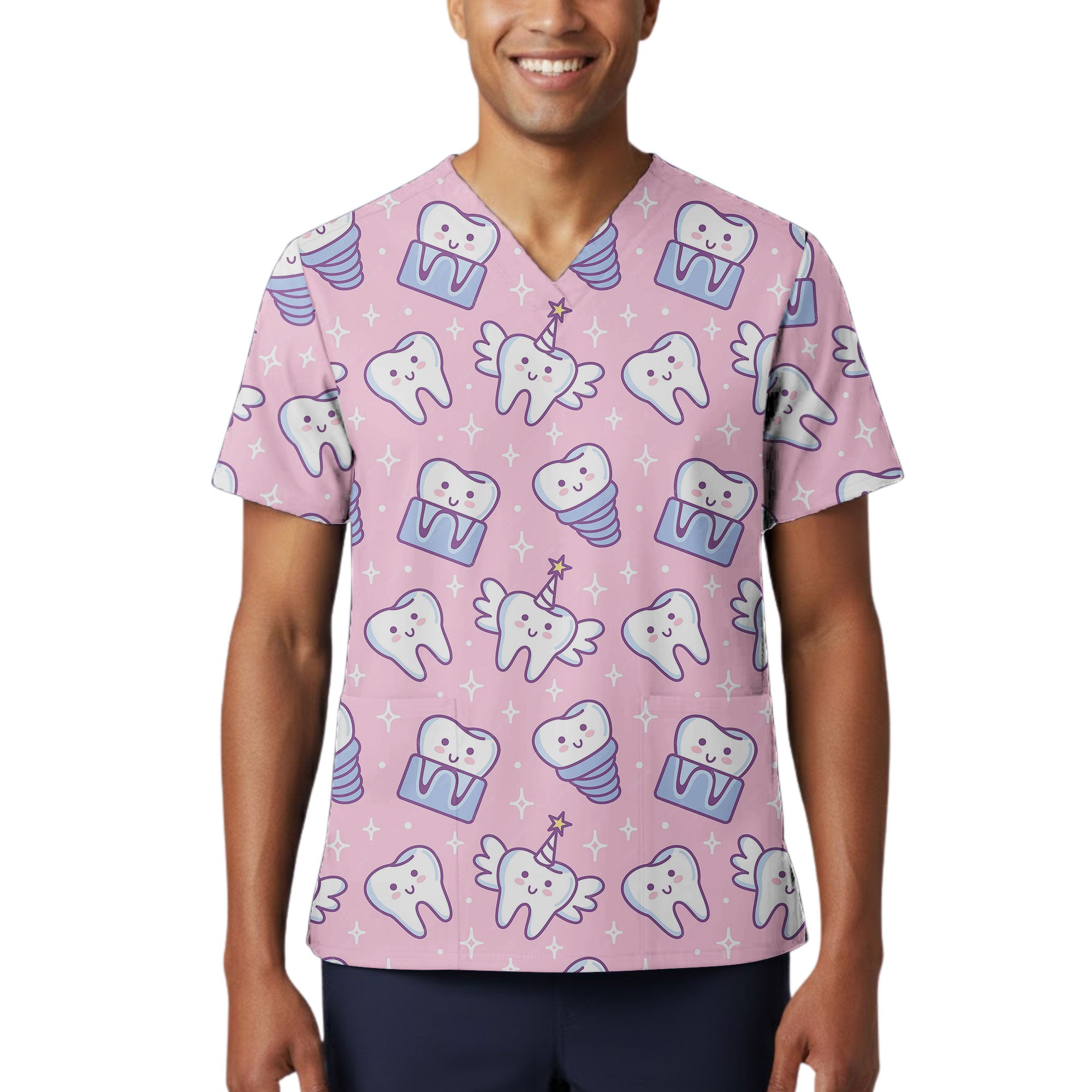 Pink Tooth Fairy Printed Scrub Top for Dental Staff