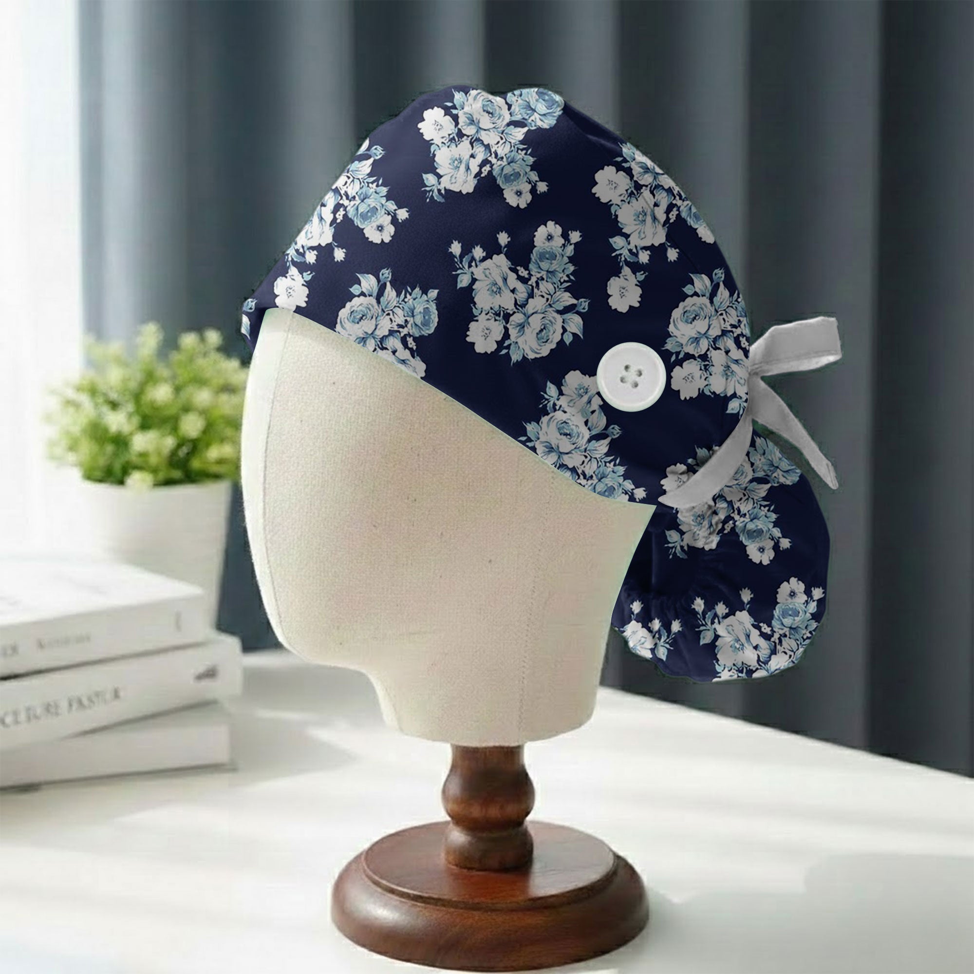Navy Vintage Blue Rose Floral Printed Scrub Cap