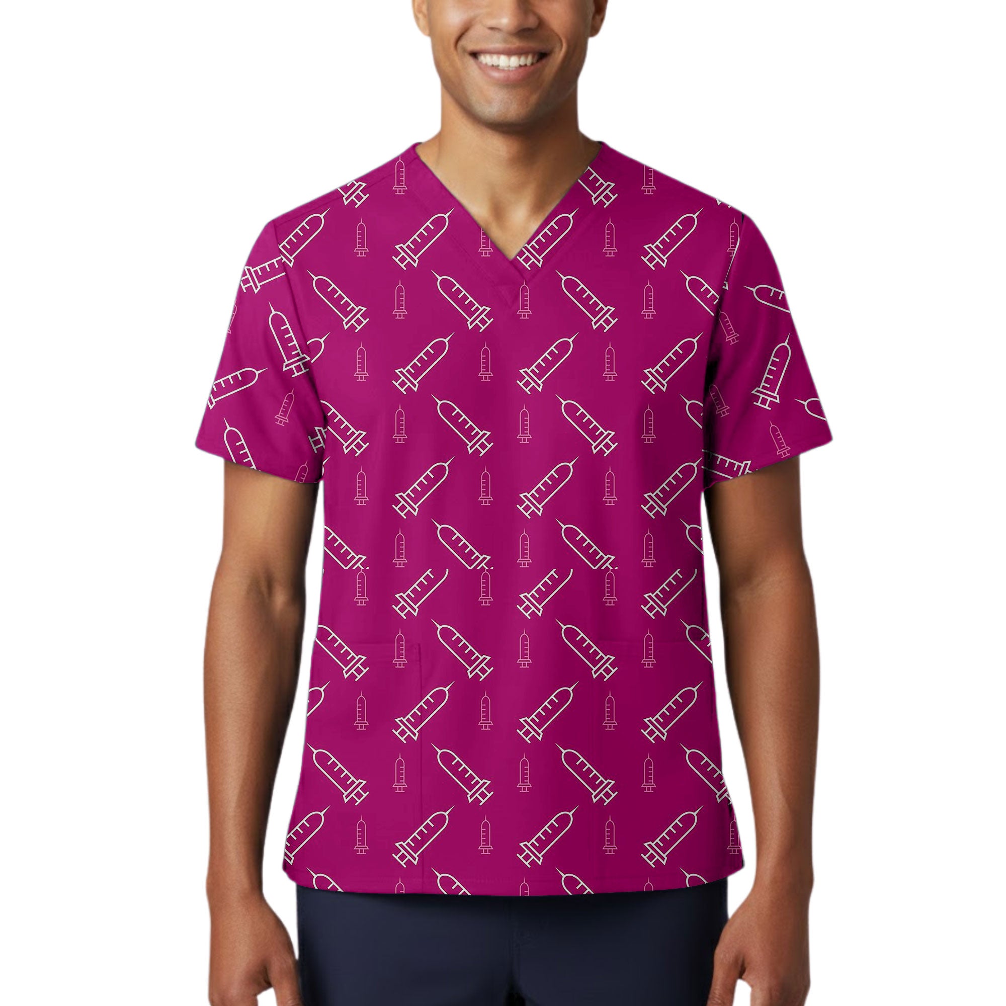 Pink Syringe Outline Printed Scrub Top for Nurses