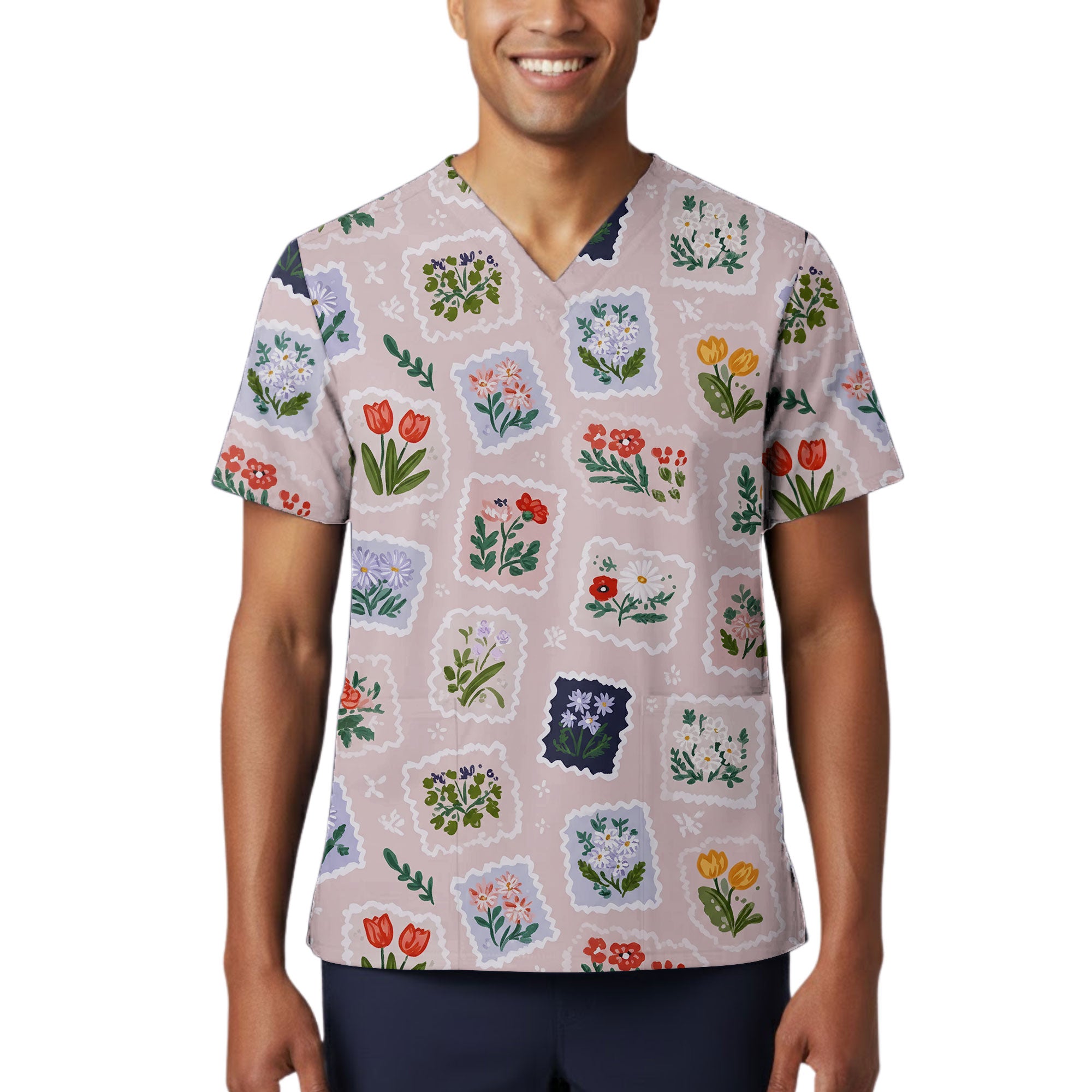 Vintage Floral Postage Stamp Printed Scrub Top for Nurses