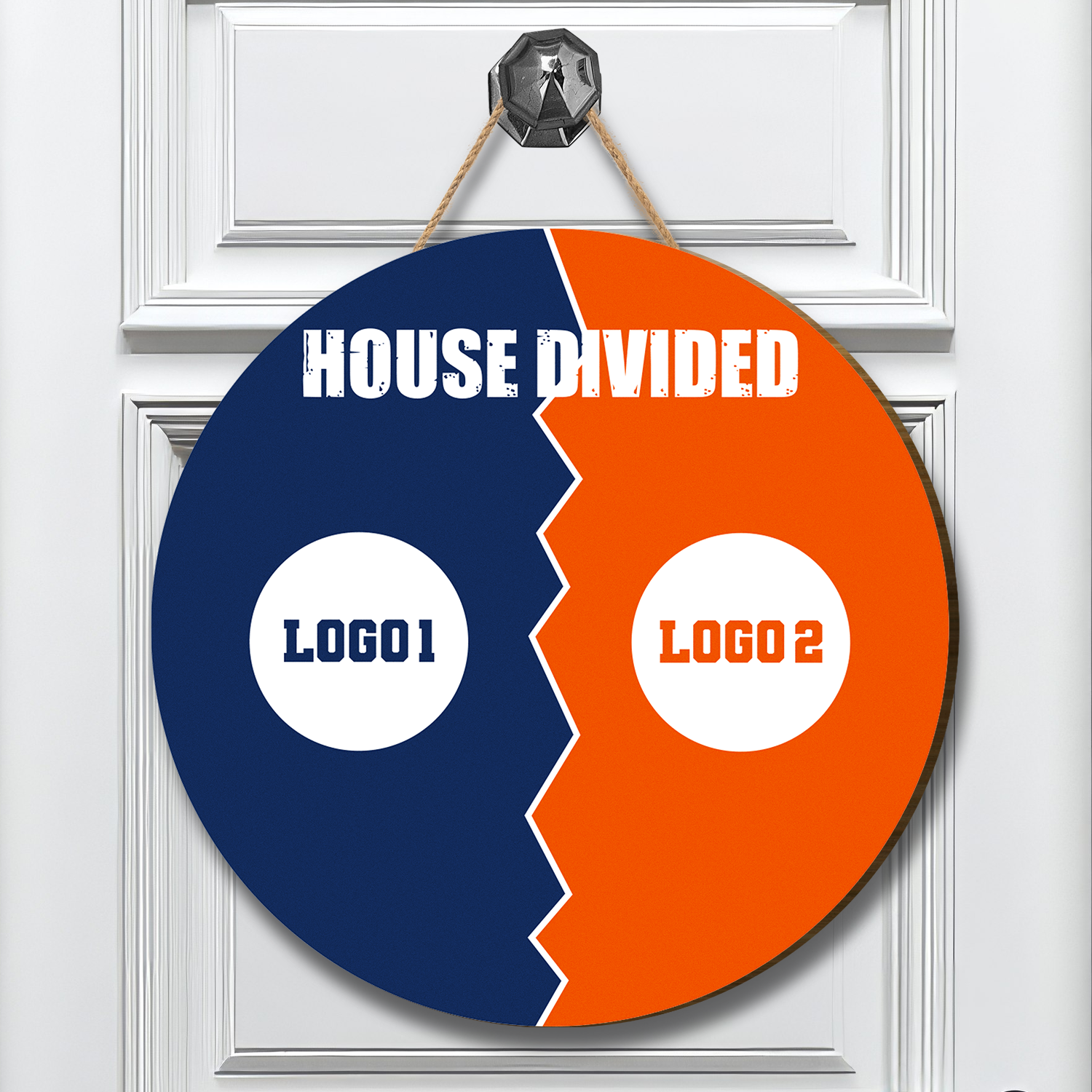 Custom House Divided Sign with Team Logos | Sports Rival Home Decor - view 3, custom embroidered by Intriklo