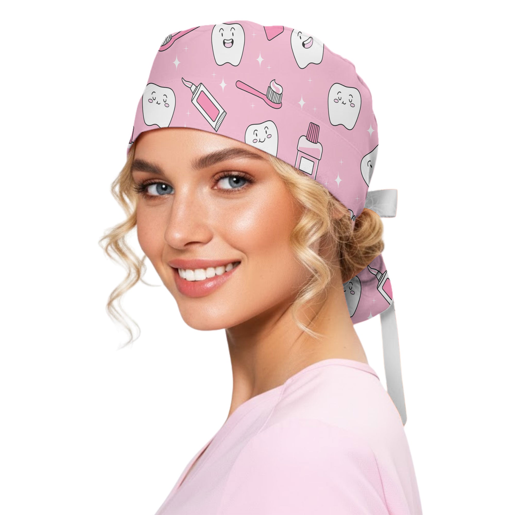 Pink Kawaii Tooth Toothbrush Printed Scrub Cap for Dentists