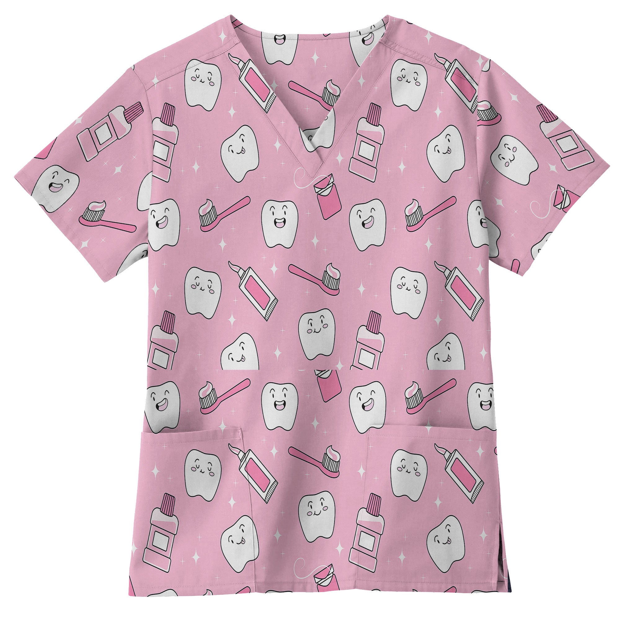 Pink Kawaii Tooth Toothbrush Printed Scrub Top for Dentists