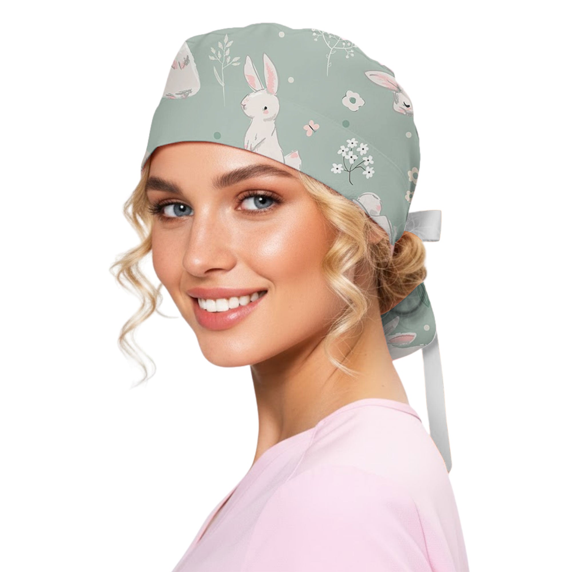 Sage Bunny and Wildflower Printed Scrub Cap for Nurses