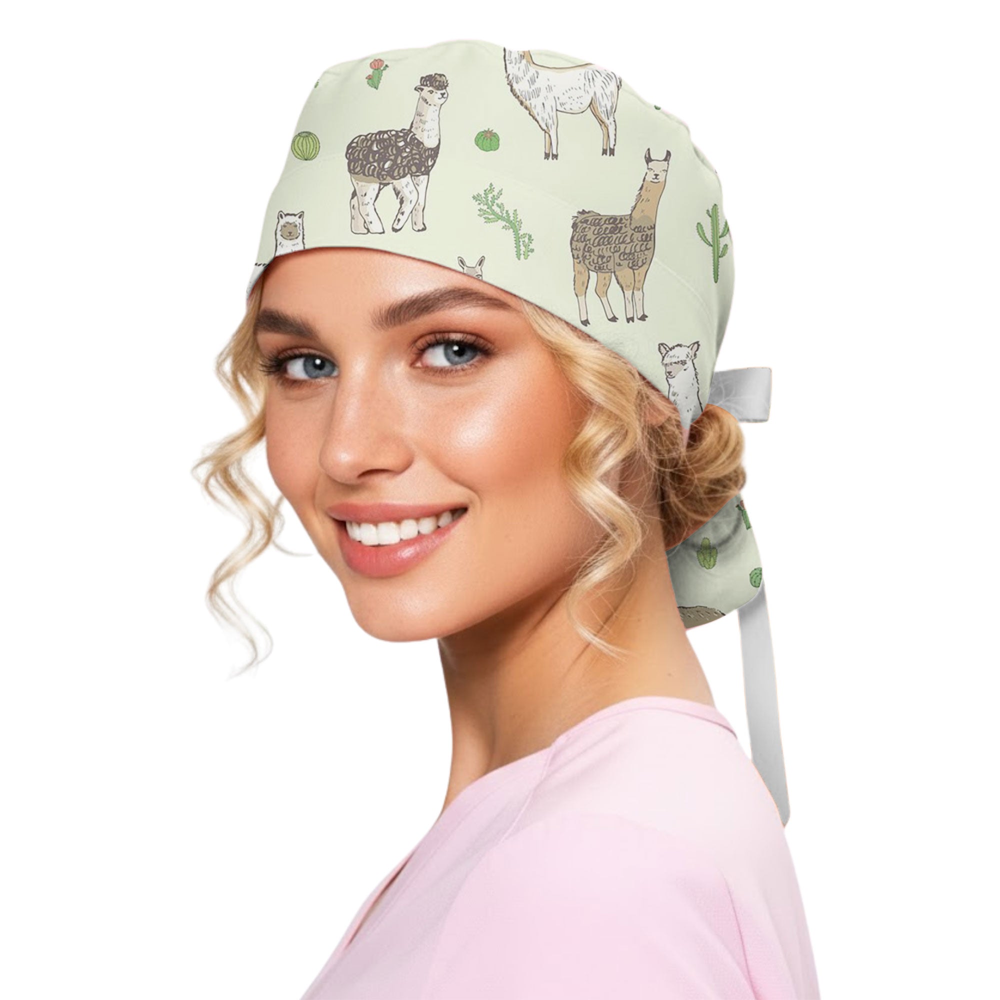 Sage Watercolor Llama and Alpaca Printed Scrub Cap