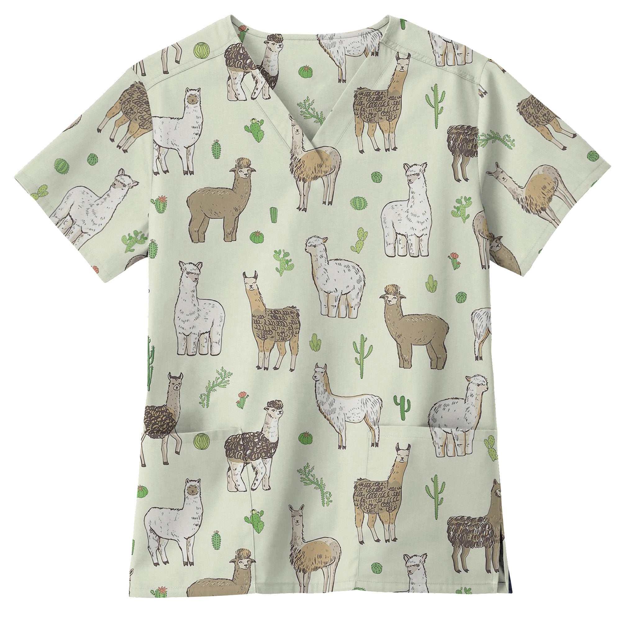 Sage Watercolor Llama and Alpaca Printed Scrub Top for Veterinary Nurses