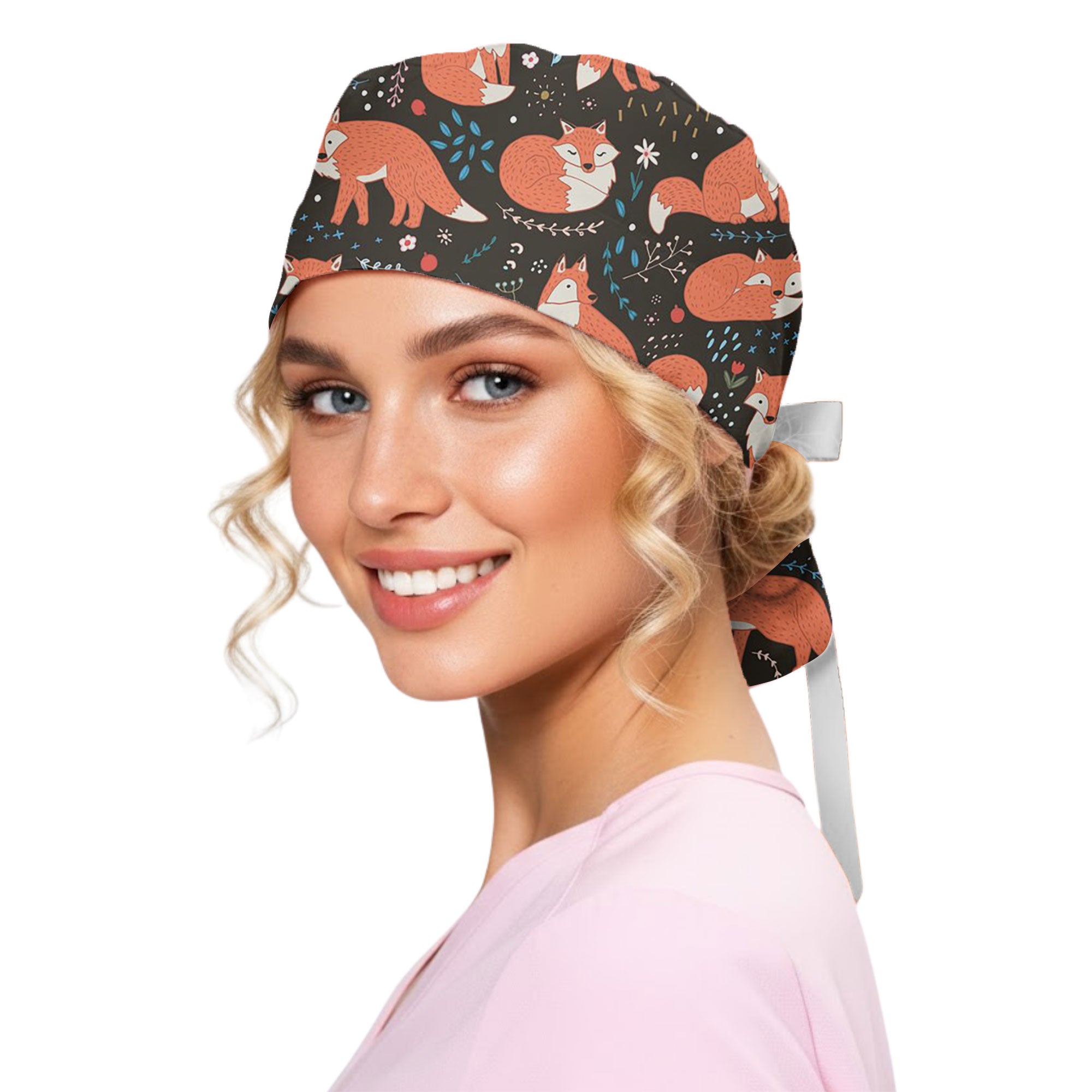 Woodland Fox and Floral Printed Scrub Cap for Vet Staff