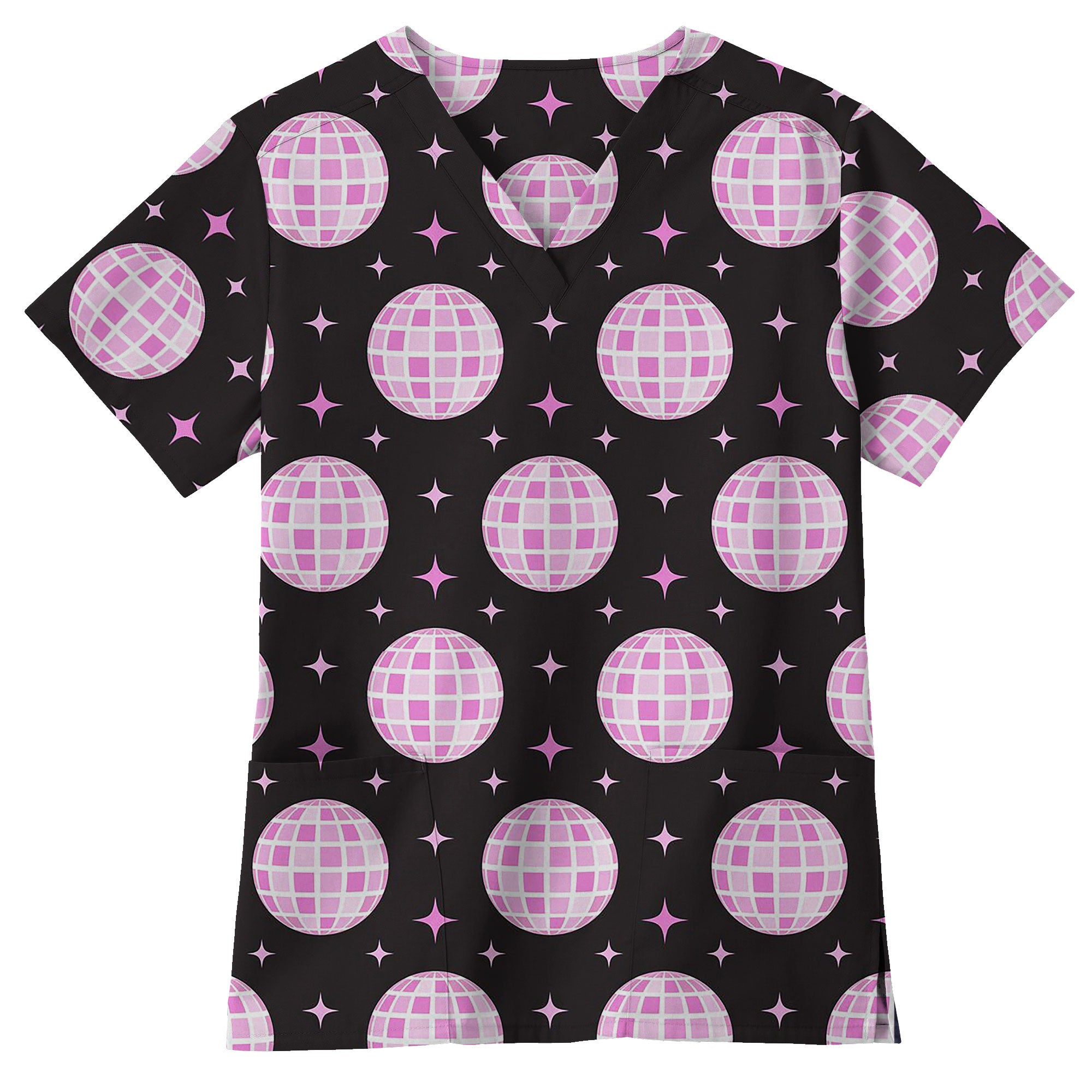 Black and Pink Disco Ball Glam Printed Scrub Top for Nurses