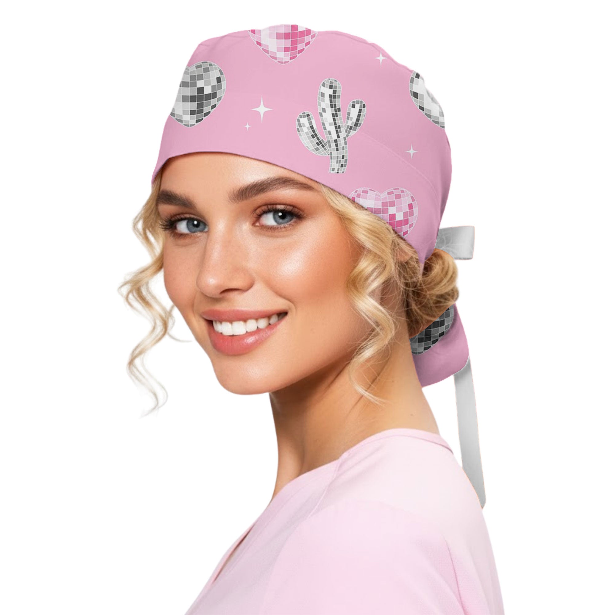 Pink Disco Cactus and Heart Sparkle Printed Scrub Cap