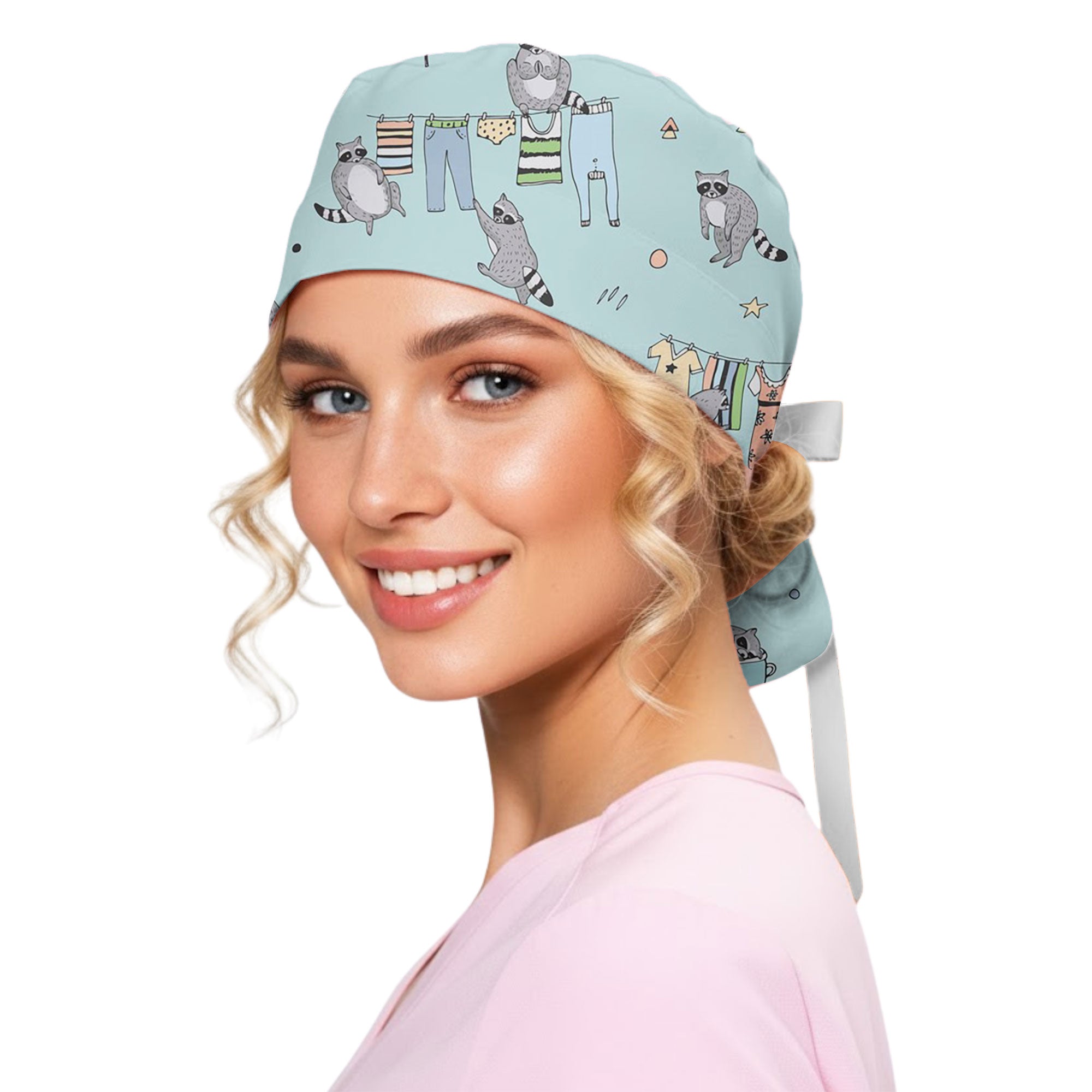 Light Blue Cute Raccoon Laundry Printed Scrub Cap