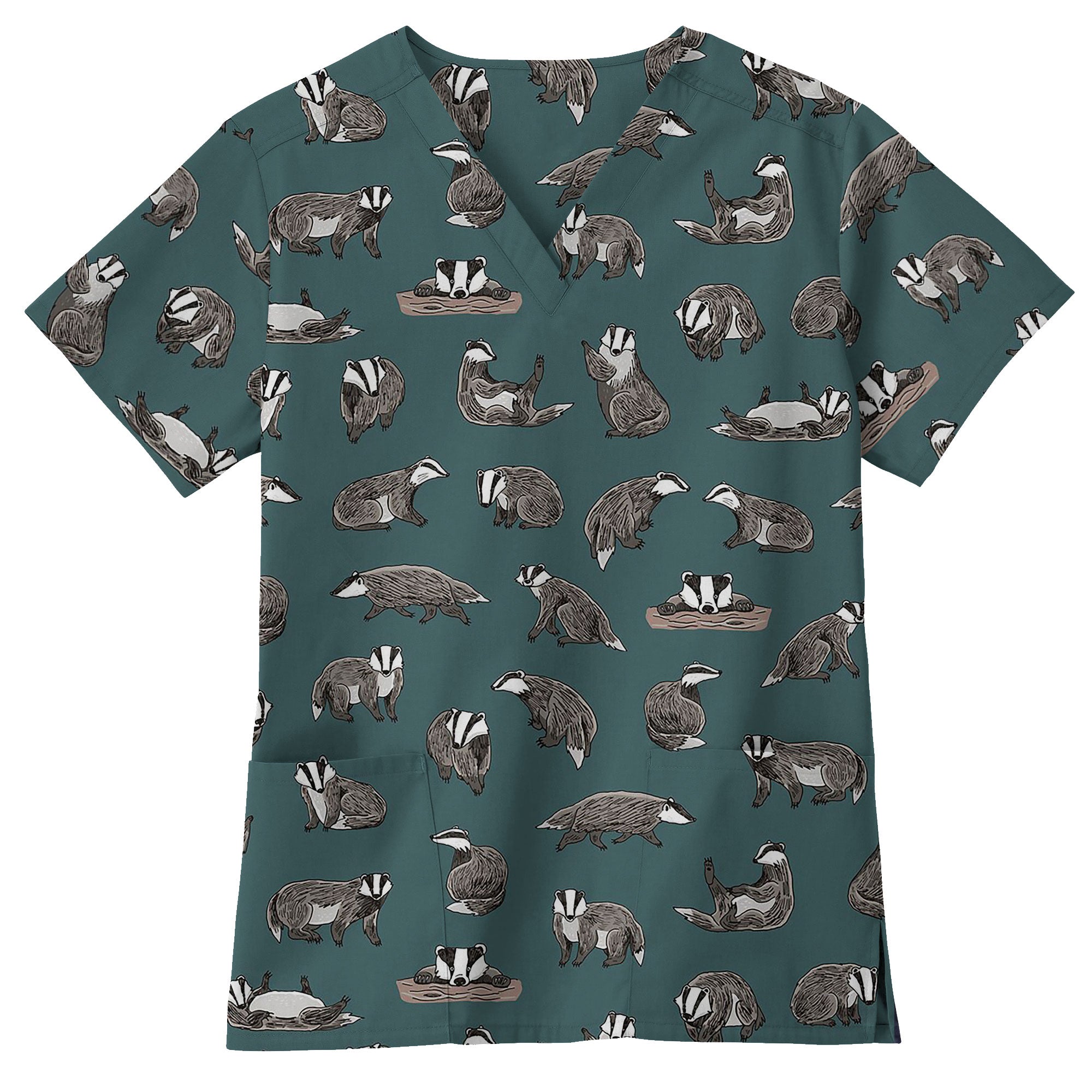 Teal Hand Drawn Badger Printed Scrub Top for Veterinary Nurses