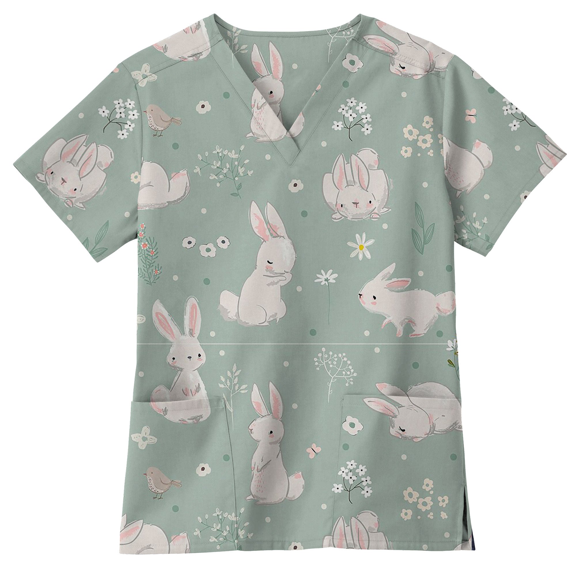 Sage Bunny and Wildflower Printed Scrub Top for Nurses