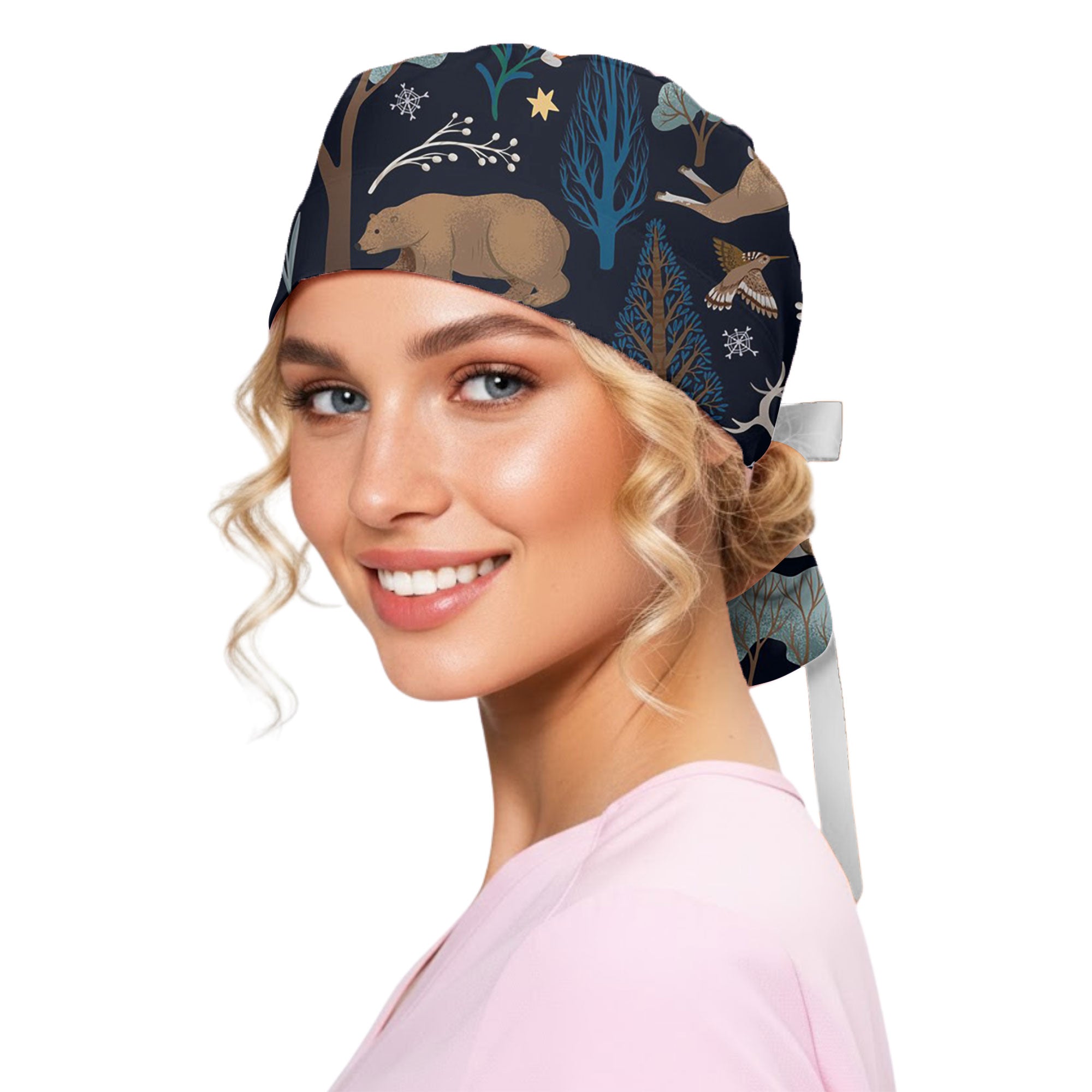 Navy Winter Forest Bear and Owl Printed Scrub Cap