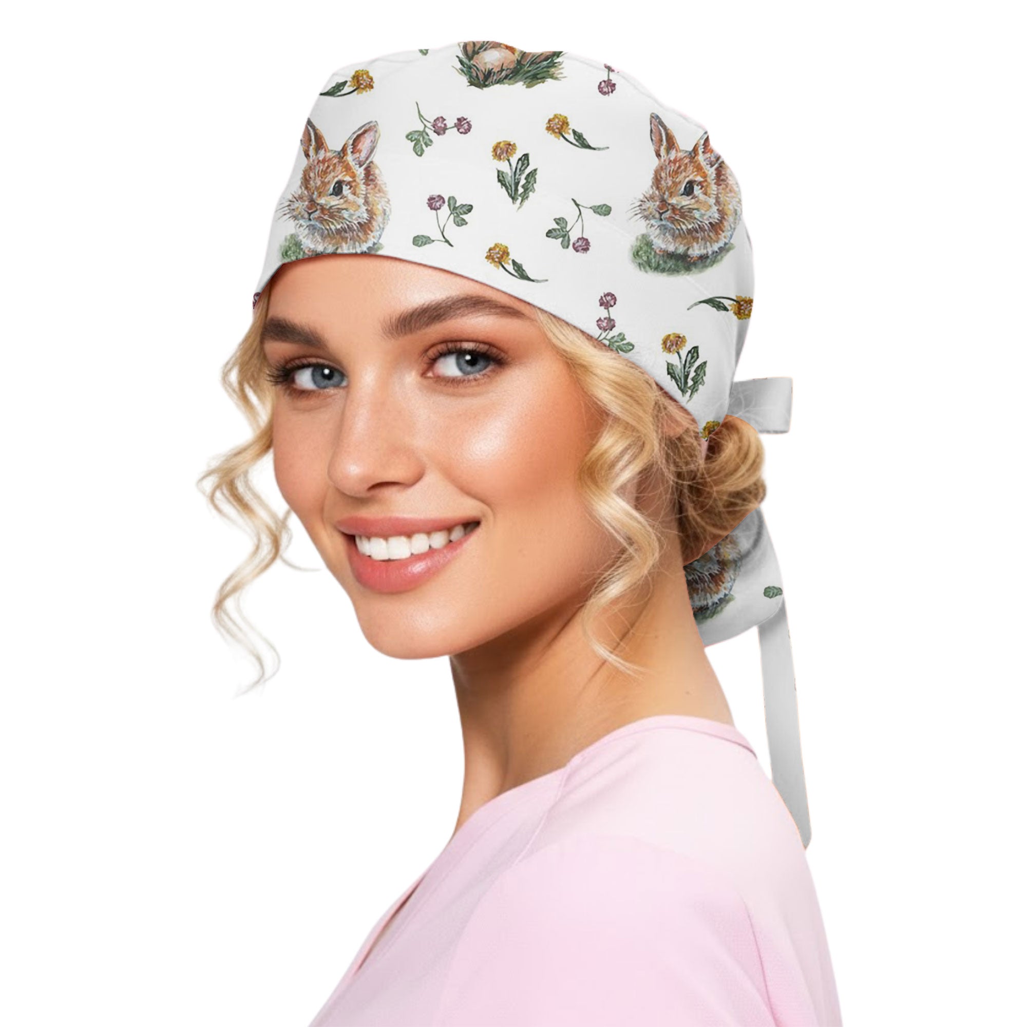 Watercolor Spring Bunny and Chick Printed Scrub Cap