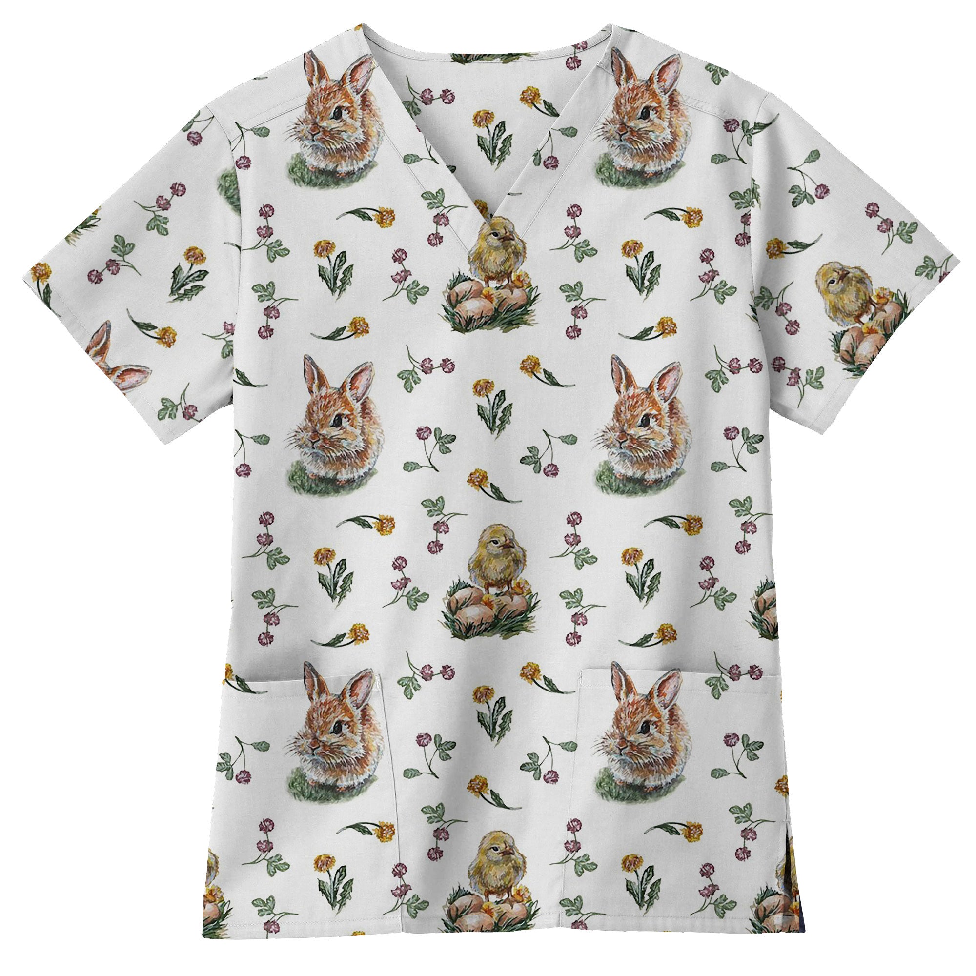 Watercolor Spring Bunny and Chick Printed Scrub Top