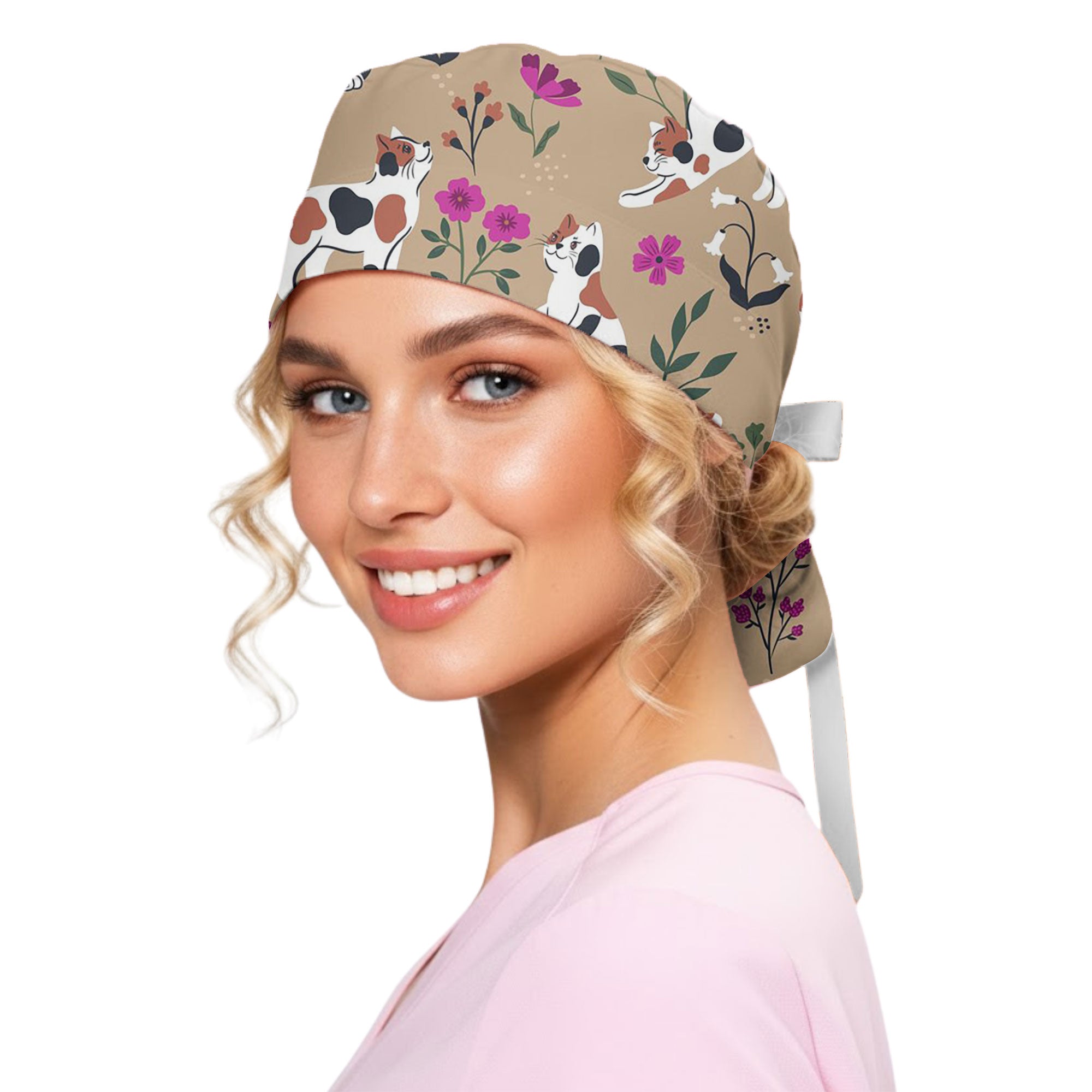 Calico Cat and Pink Bloom Garden Printed Scrub Cap