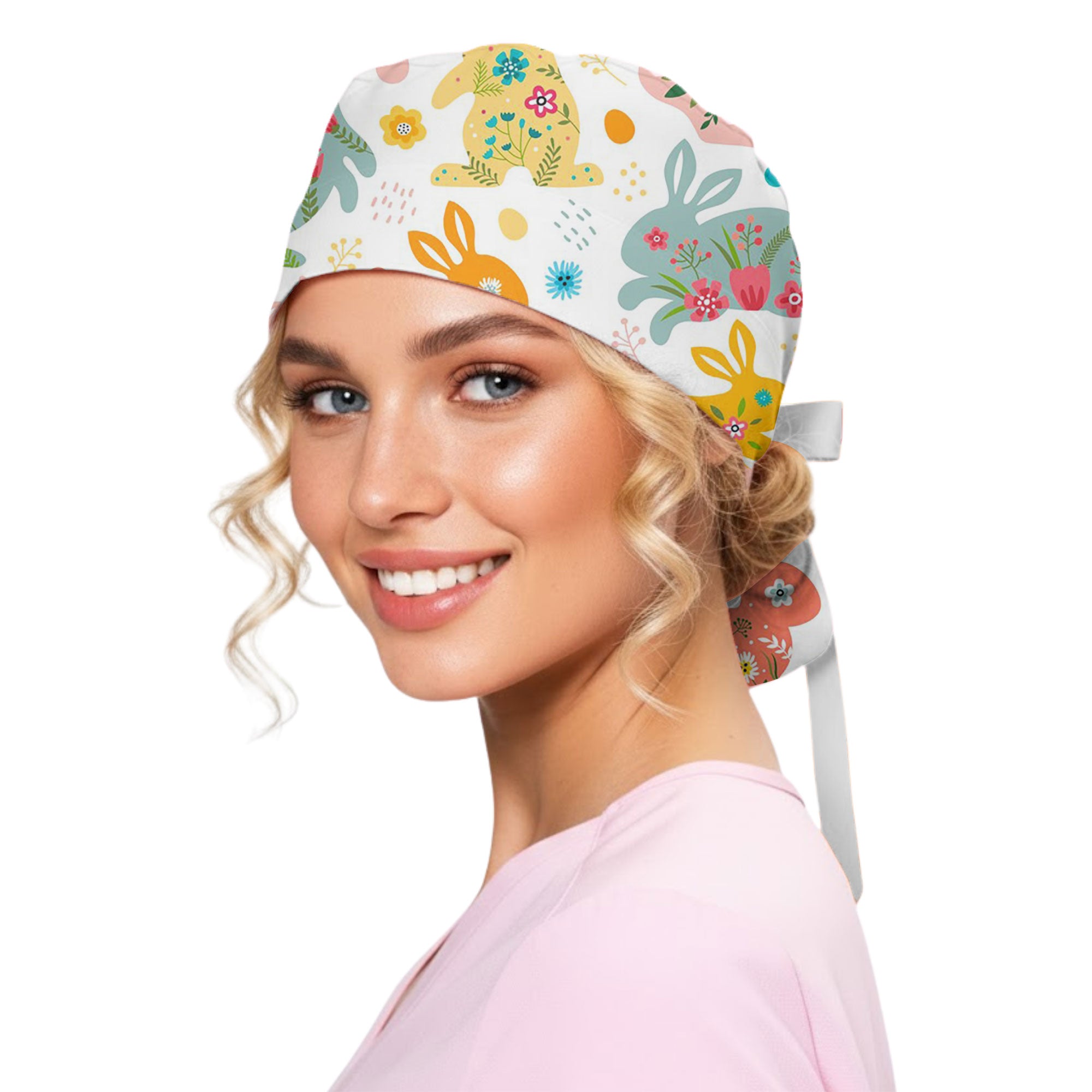 Bright Easter Bunny and Floral Printed Scrub Cap for Spring