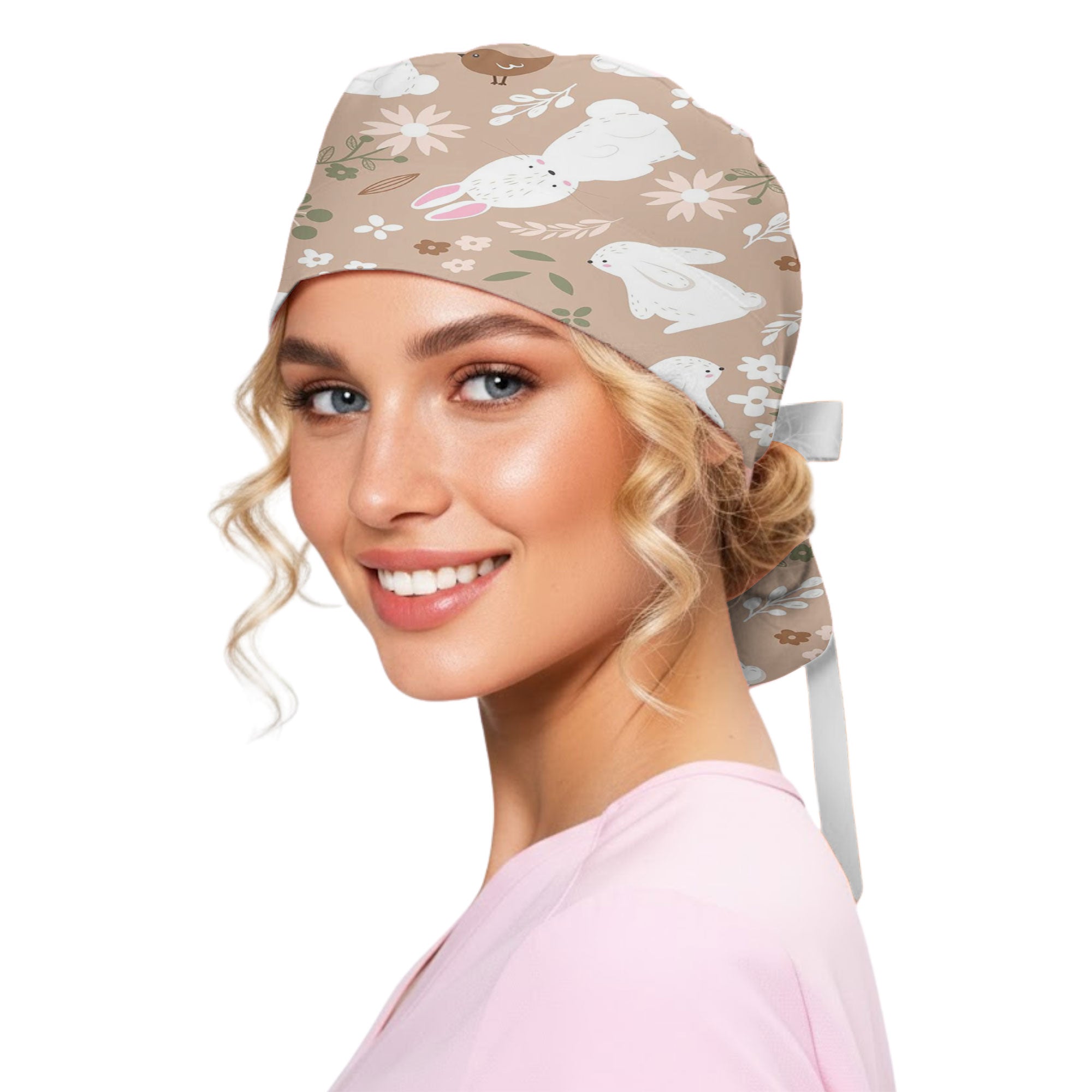 Blush Bunny and Wildflower Printed Scrub Cap for Spring