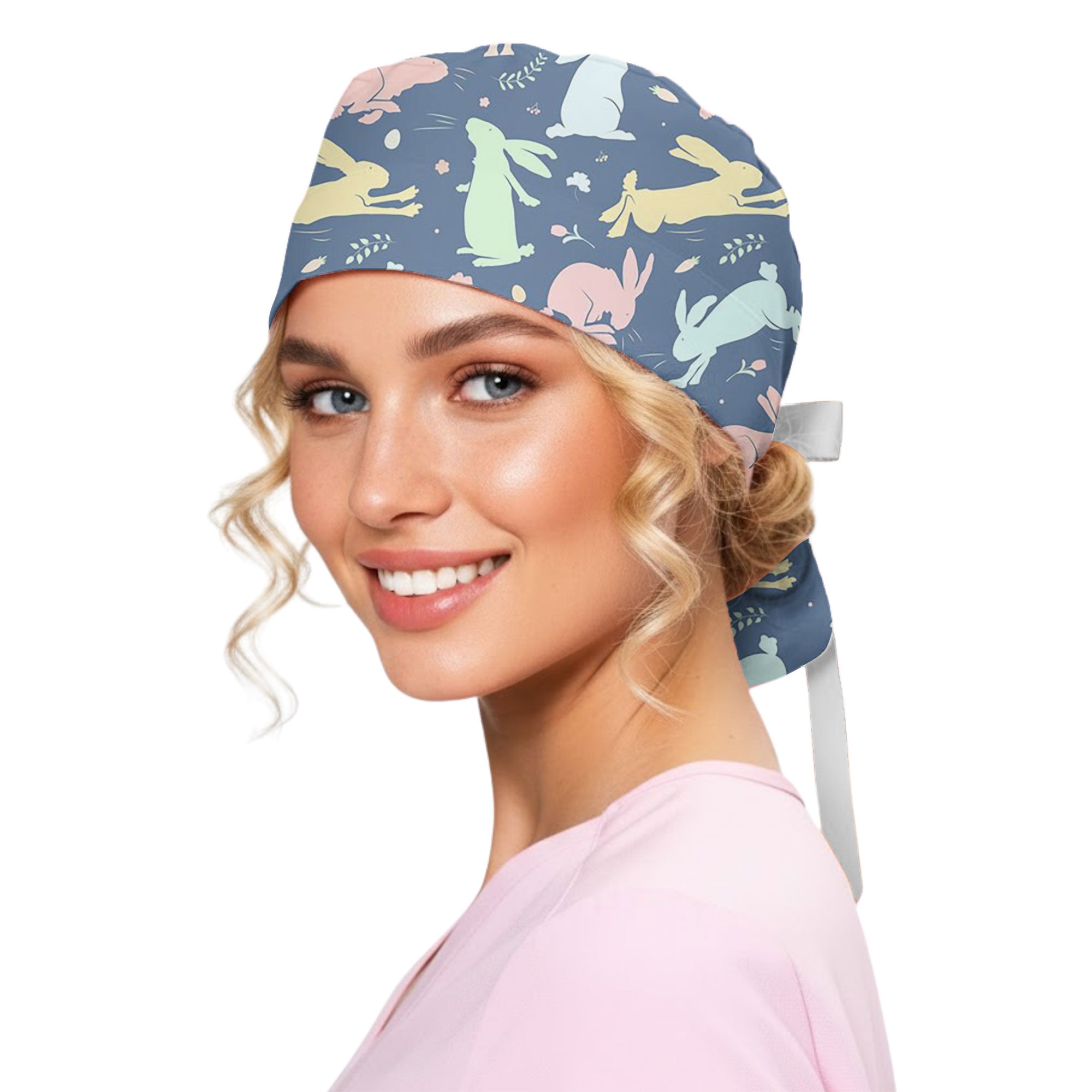 Dusty Blue Pastel Rabbit Spring Printed Scrub Cap