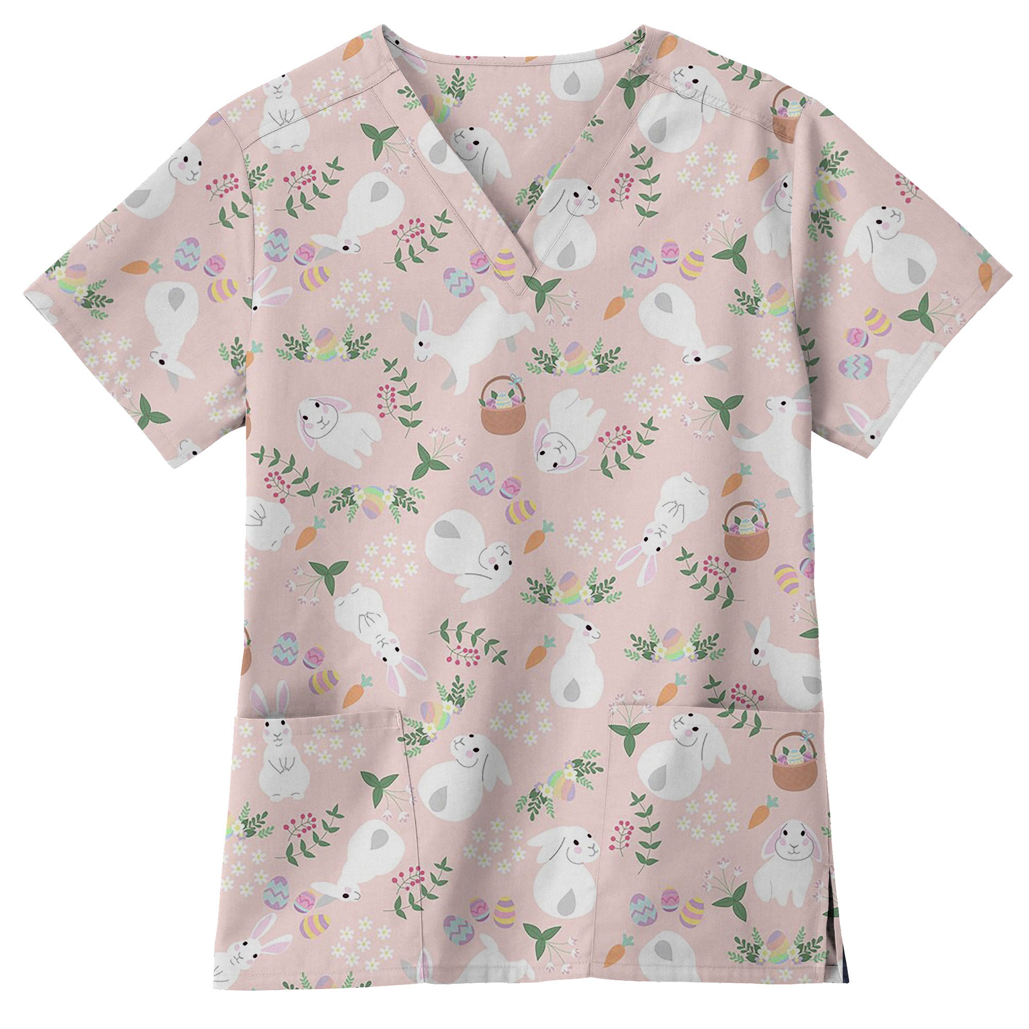 Pink Pastel Easter Bunny and Egg Printed Scrub Top for Nurses