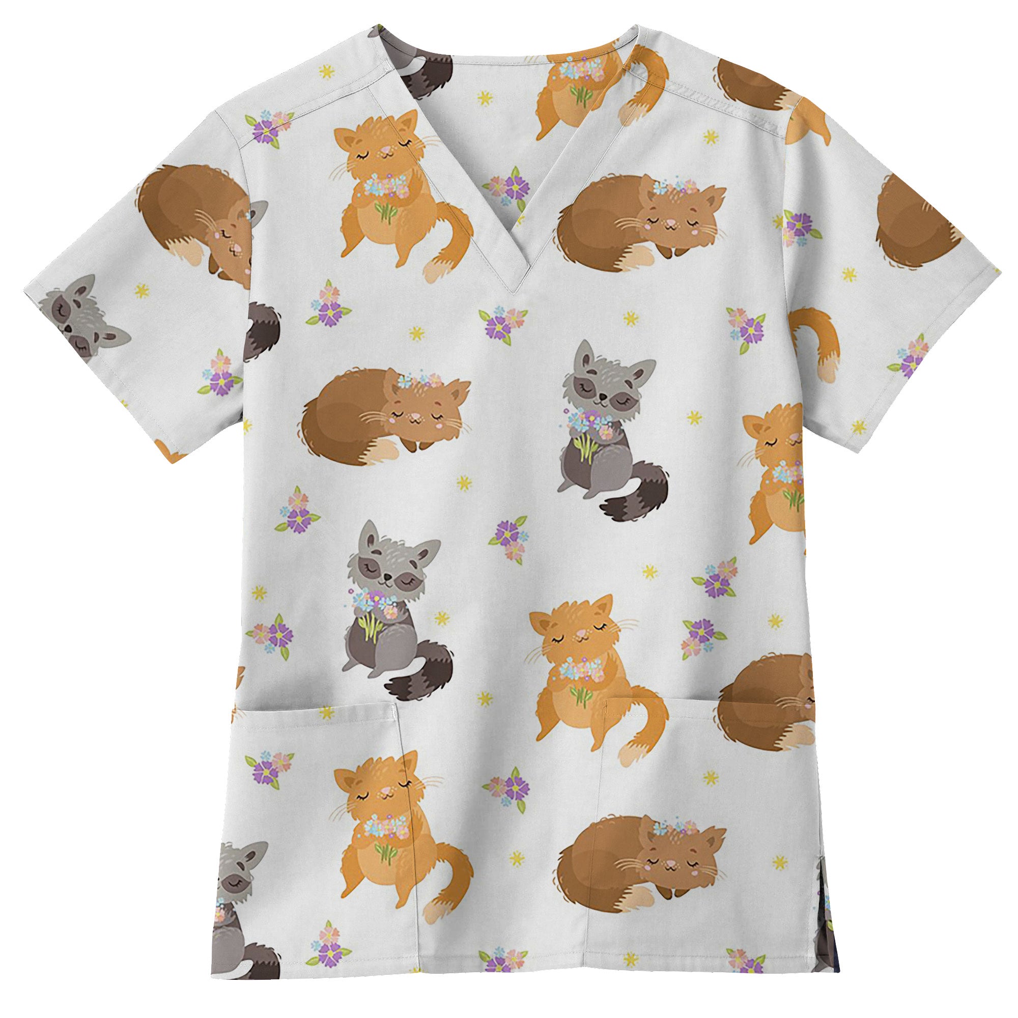 Sleepy Cat and Forest Friends Printed Scrub Top for Veterinary Nurses
