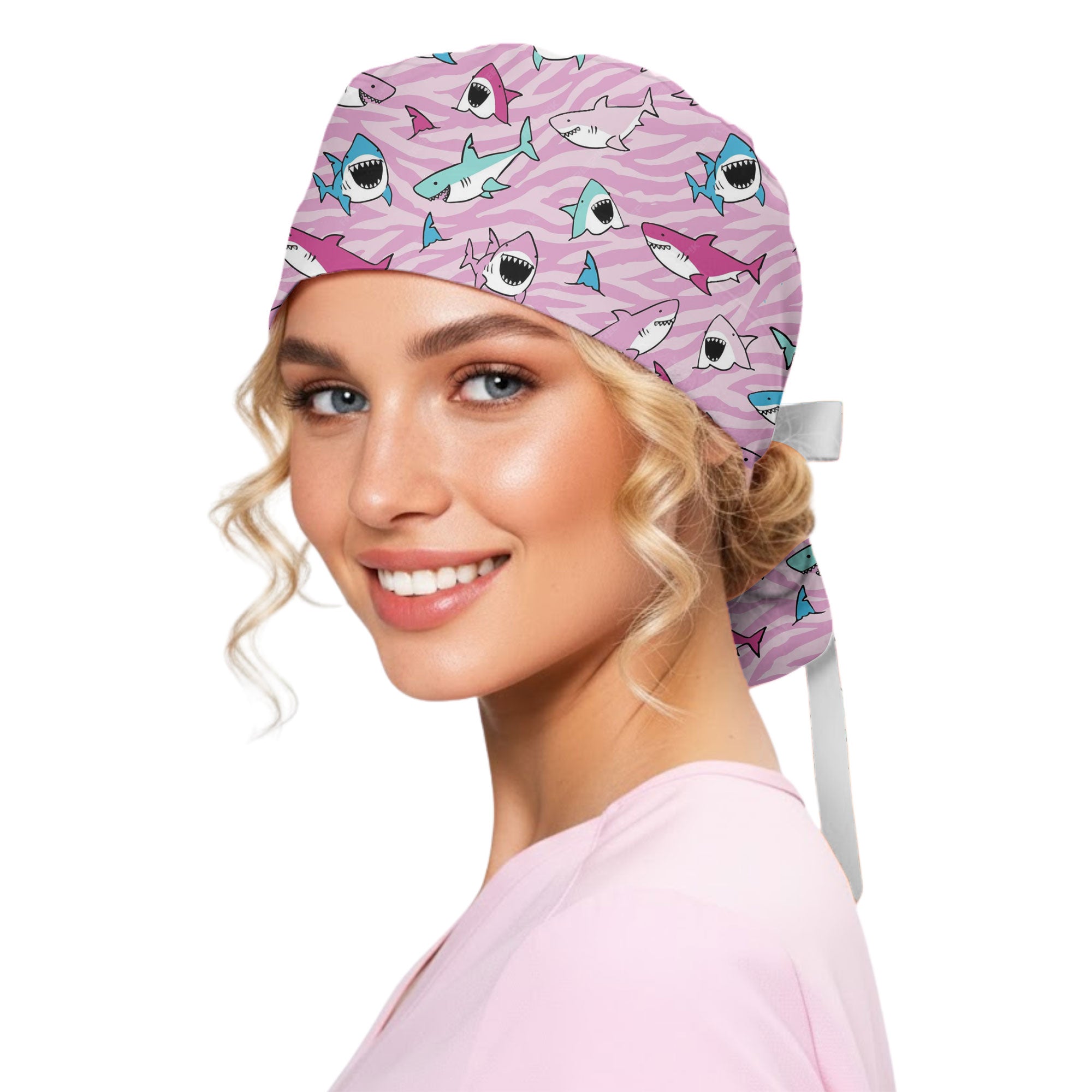 Pink Zebra Cartoon Shark Printed Scrub Cap