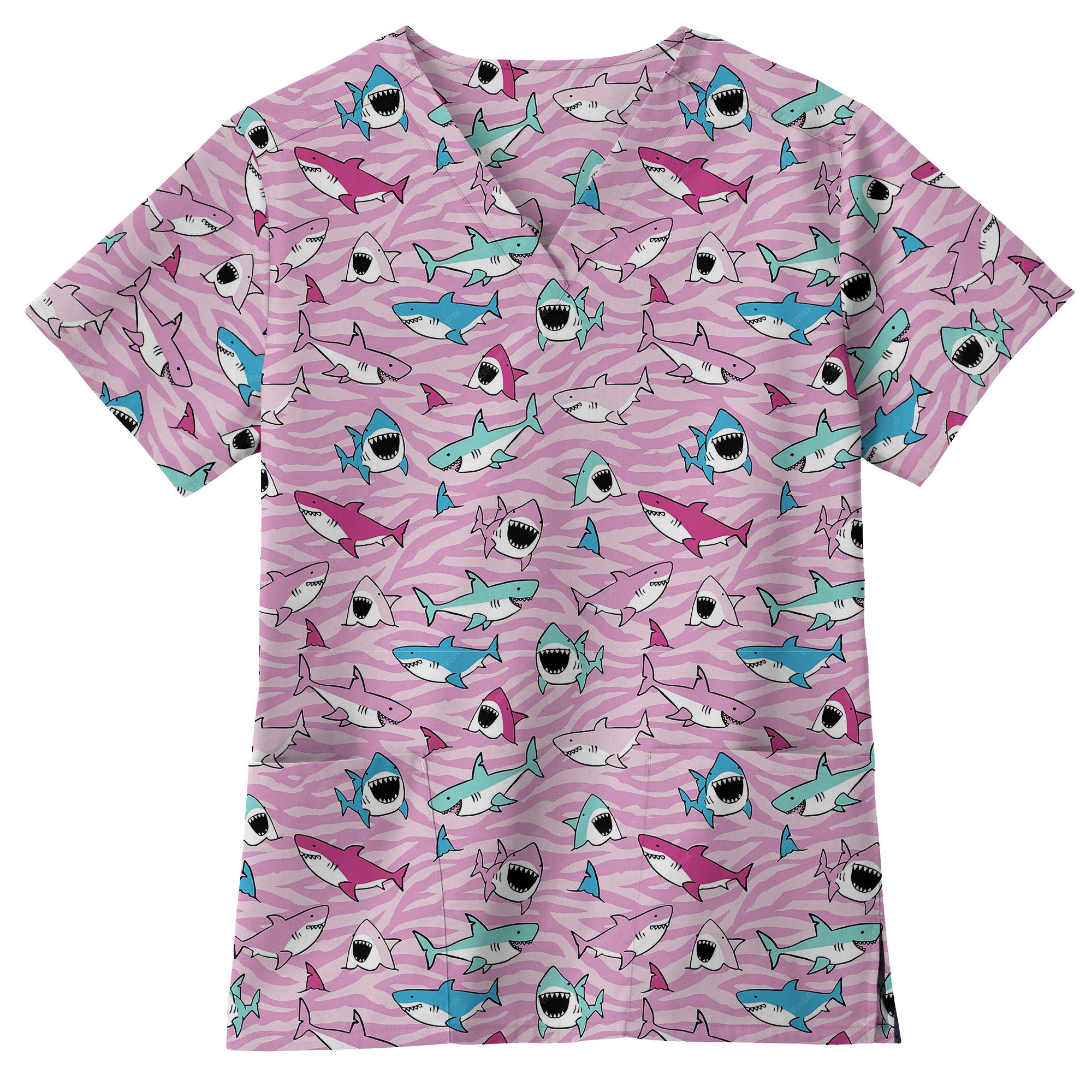 Pink Zebra Cartoon Shark Printed Scrub Top for Pediatric Nurses