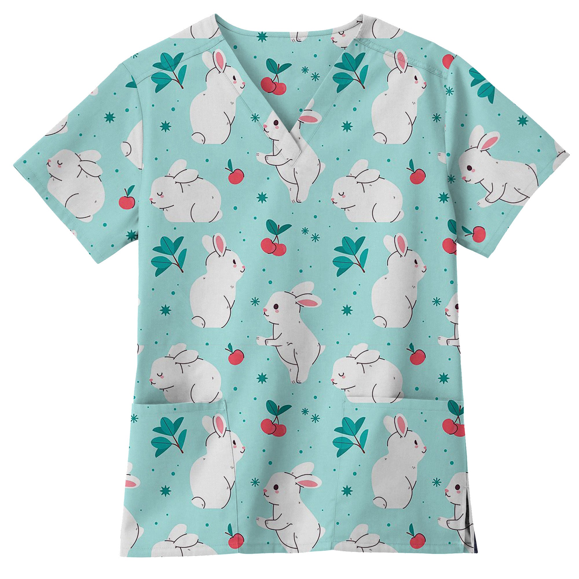 Teal Bunny and Cherry Printed Scrub Top for Nurses