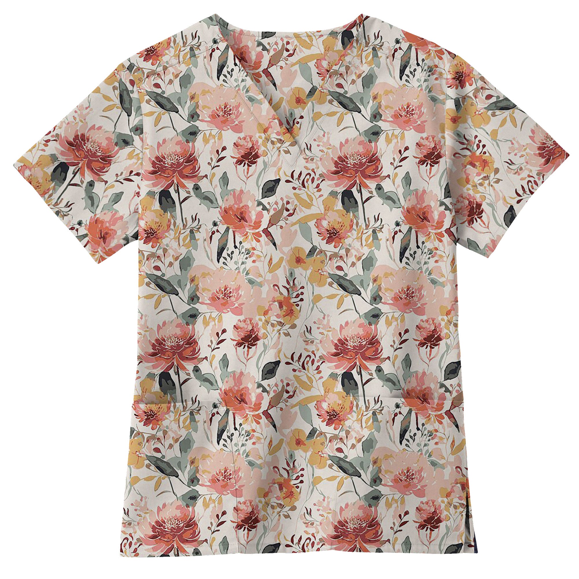 Watercolor Peony Bloom Printed Scrub Top for Nurses