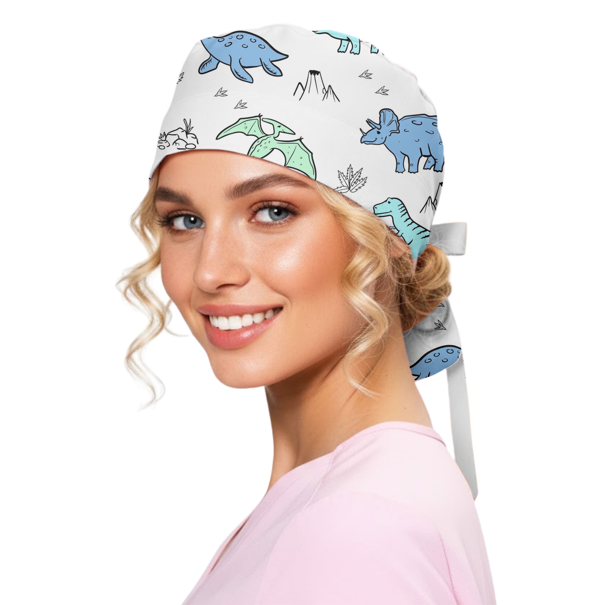 Pastel Doodle Dinosaur Printed Scrub Cap for Pediatric Staff