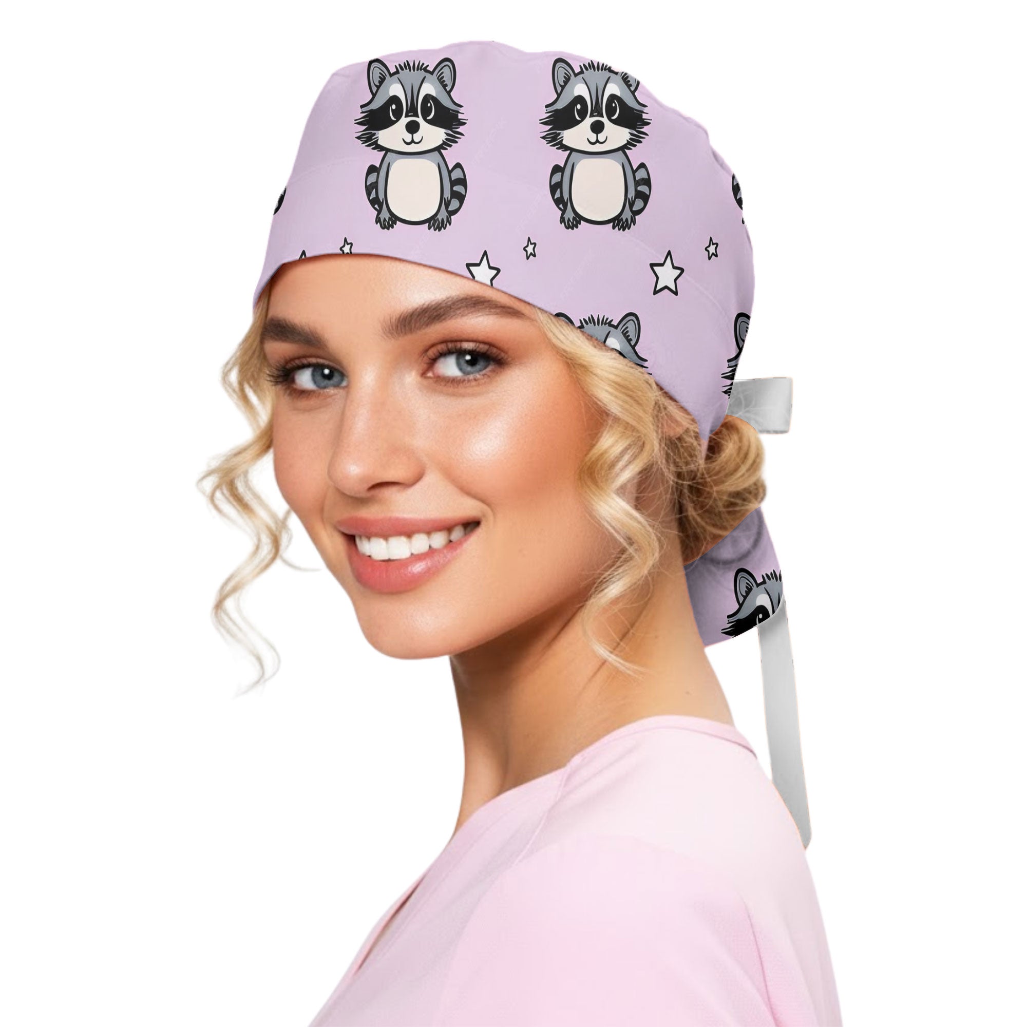 Lavender Raccoon and Star Printed Scrub Cap
