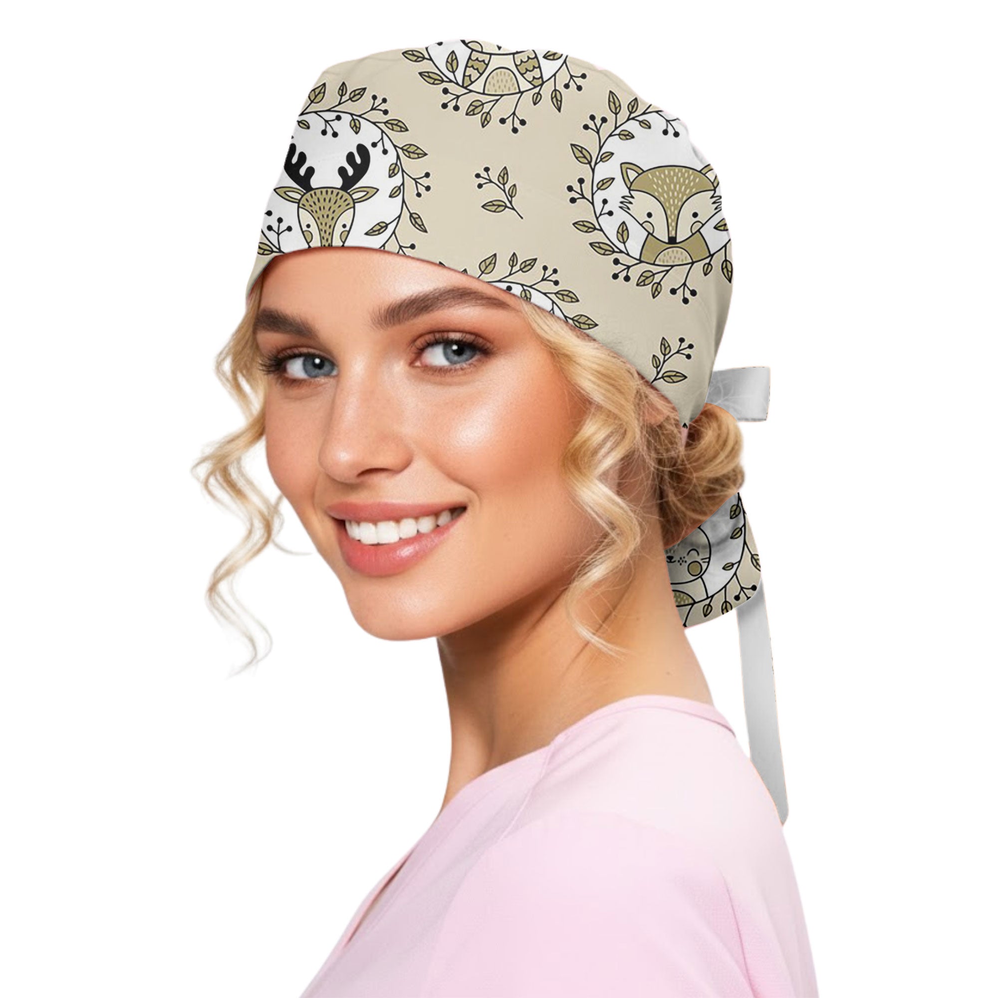 Woodland Forest Animal Wreath Printed Scrub Cap
