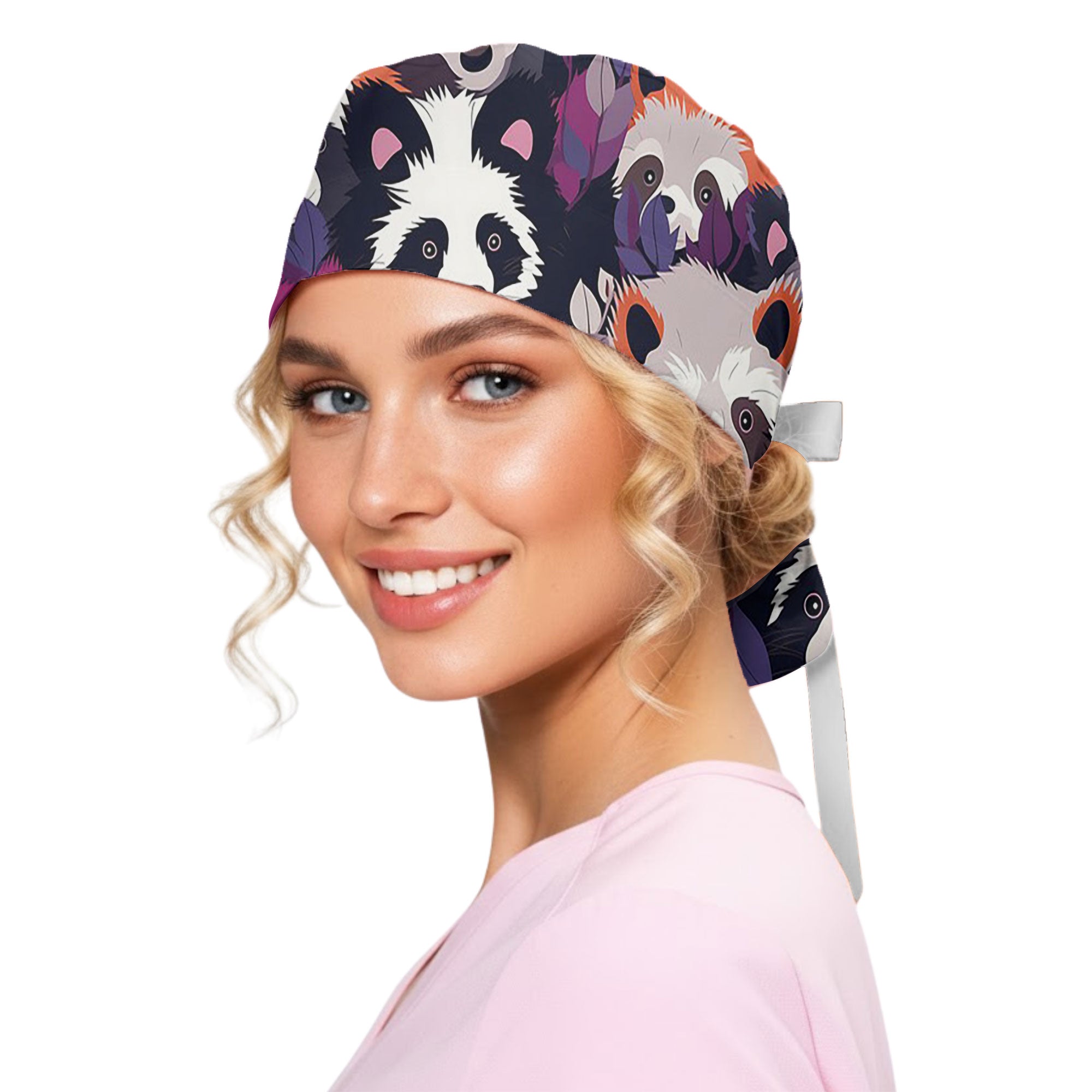 Panda and Red Panda Floral Printed Scrub Cap for Nurses