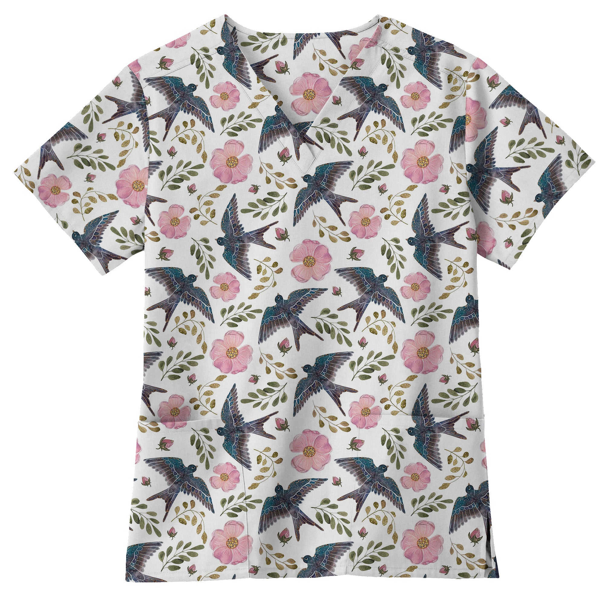 Swallow Bird and Pink Rose Printed Scrub Top for Nurses