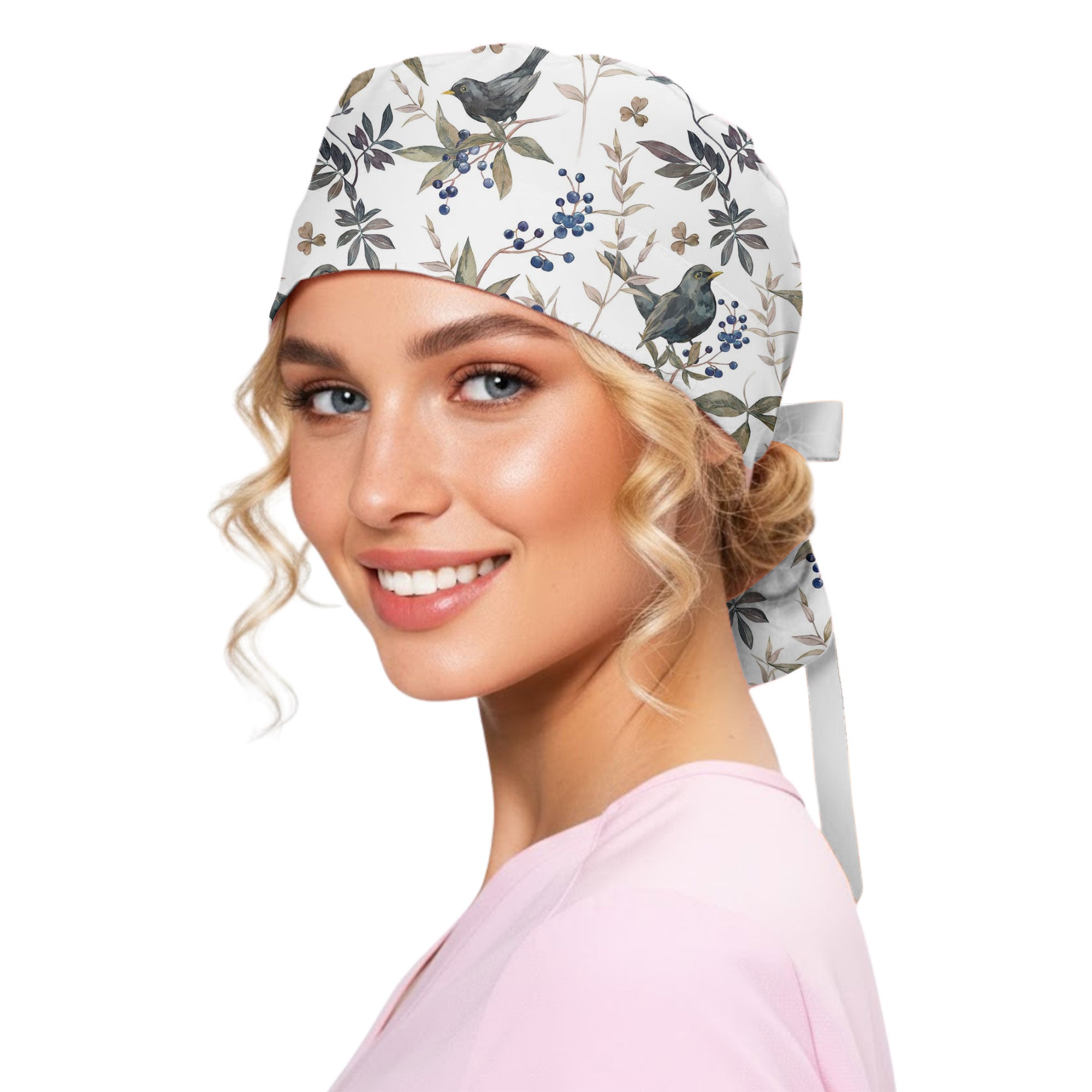 Black Bird and Blueberry Botanical Printed Scrub Cap