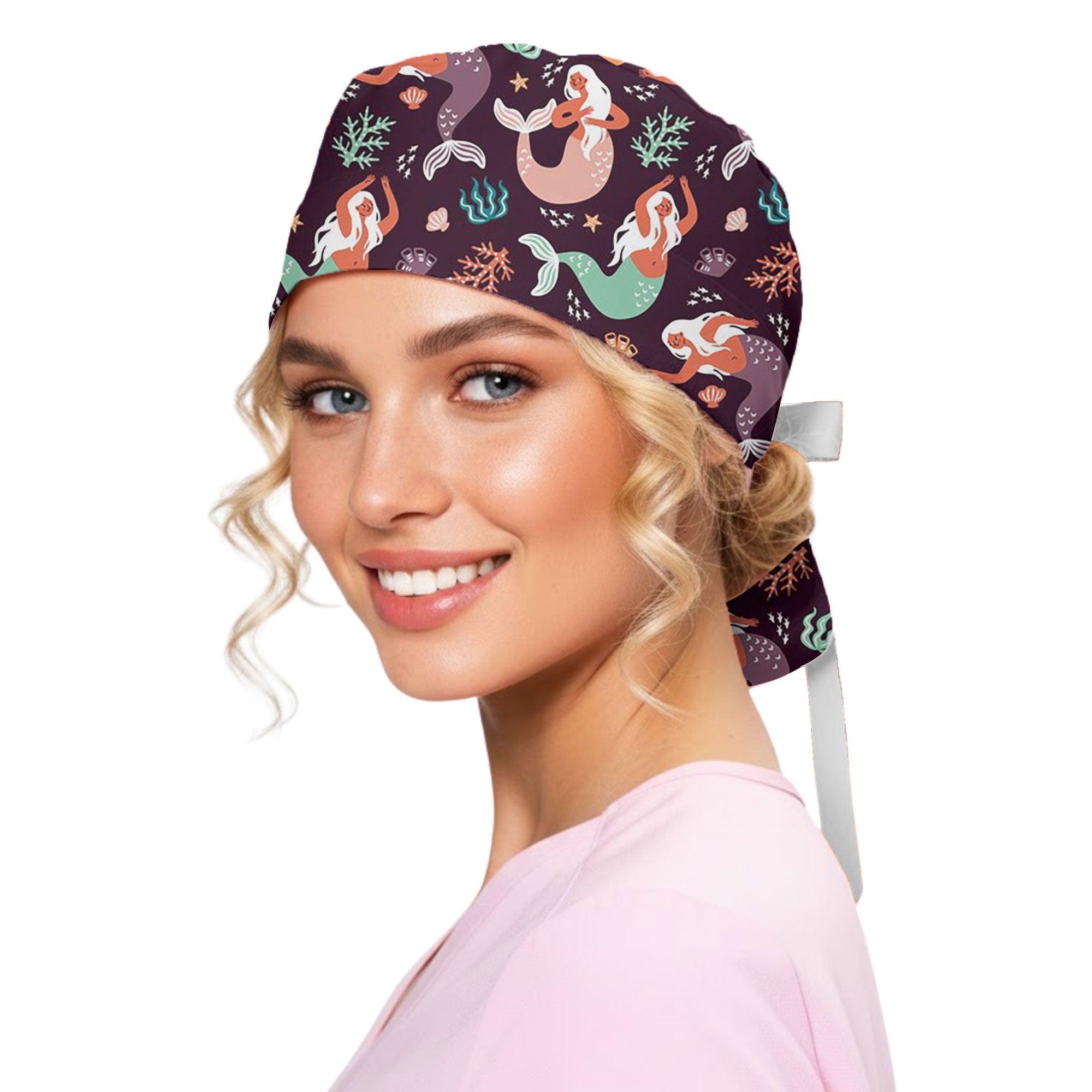Mermaid and Coral Reef Printed Scrub Cap for Nurses