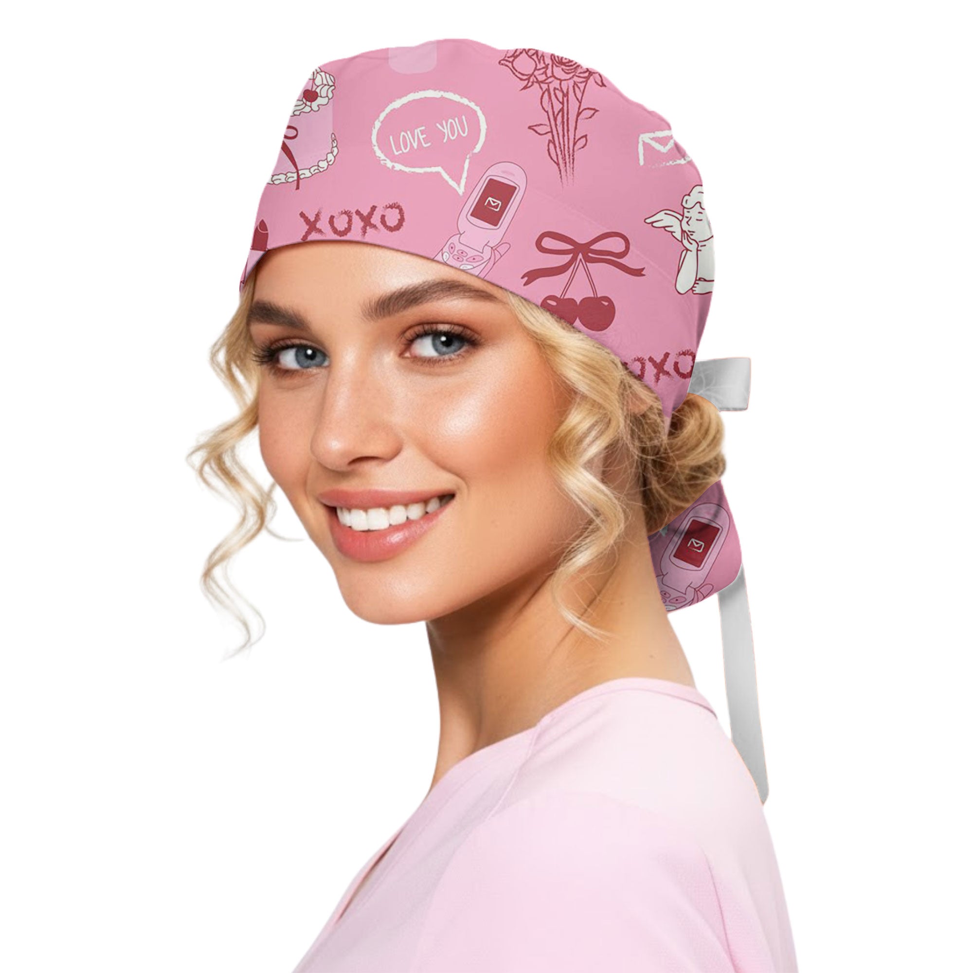 Pink Y2K XOXO Love Letter Printed Scrub Cap