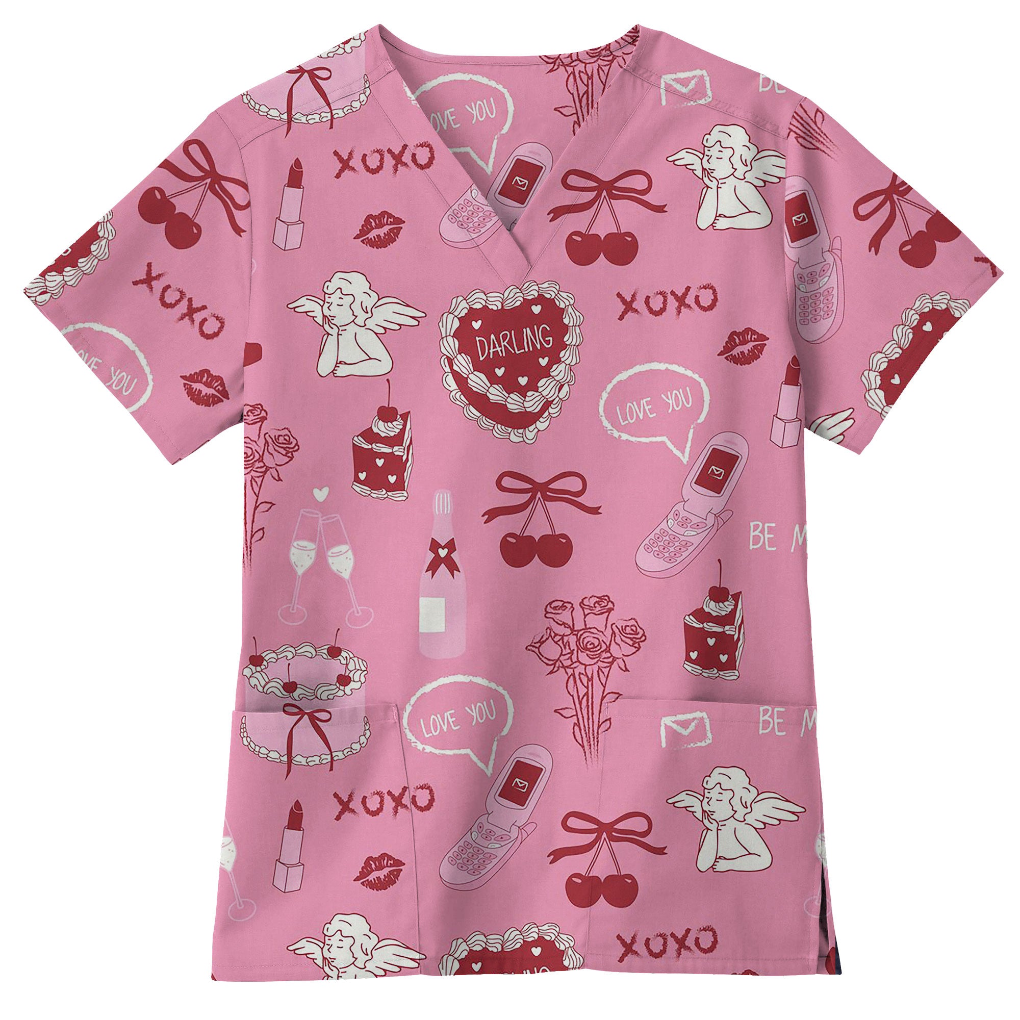 Pink Y2K XOXO Love Letter Printed Scrub Top