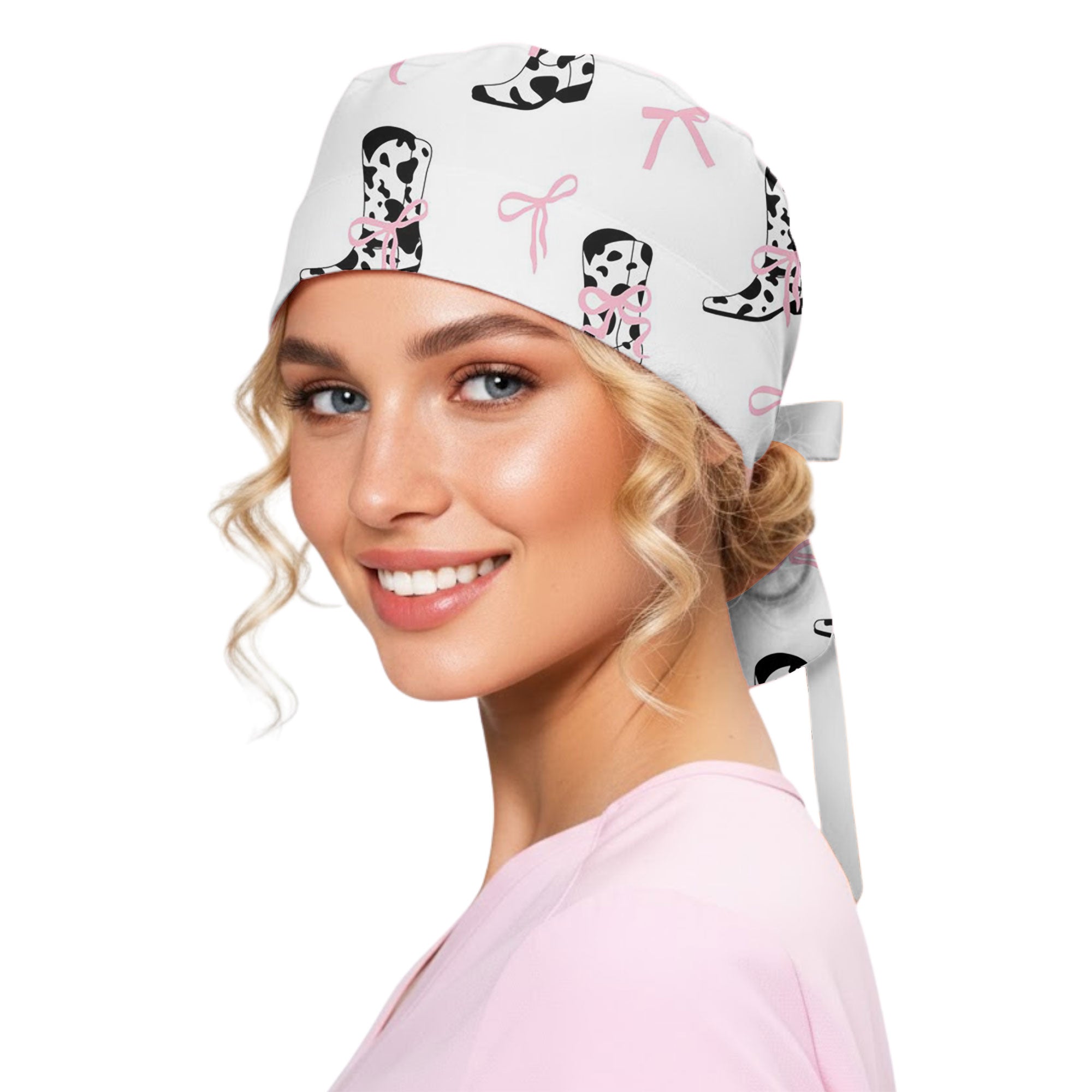 Cow Print Cowboy Boot and Pink Bow Printed Scrub Cap