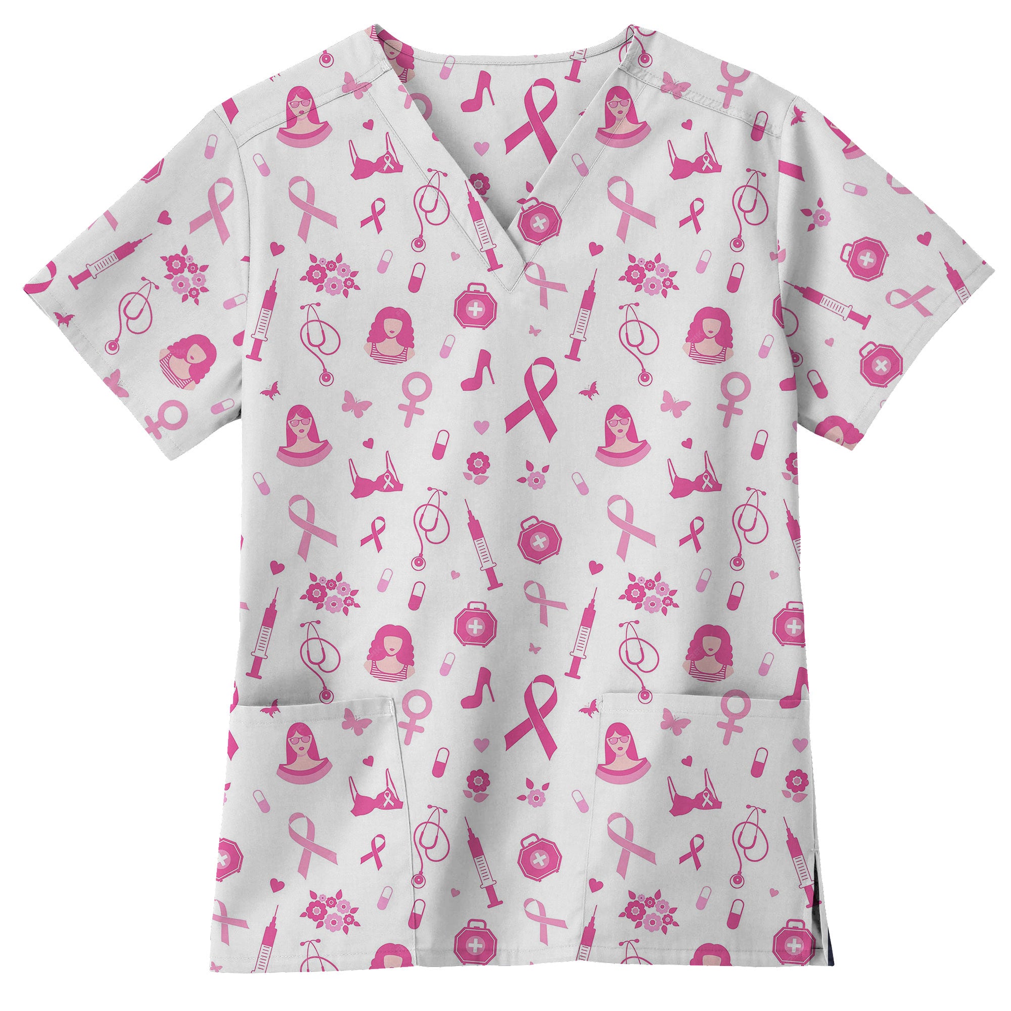 Pink Ribbon Awareness Printed Scrub Top for Oncology Nurses