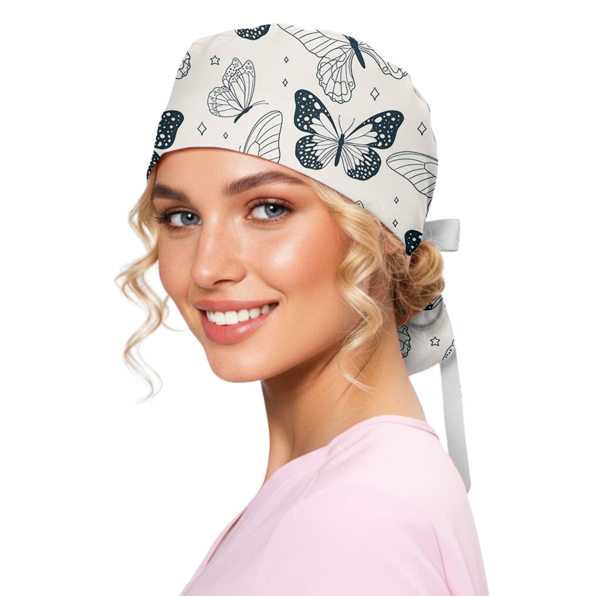 Black and White Butterfly Sketch Printed Scrub Cap