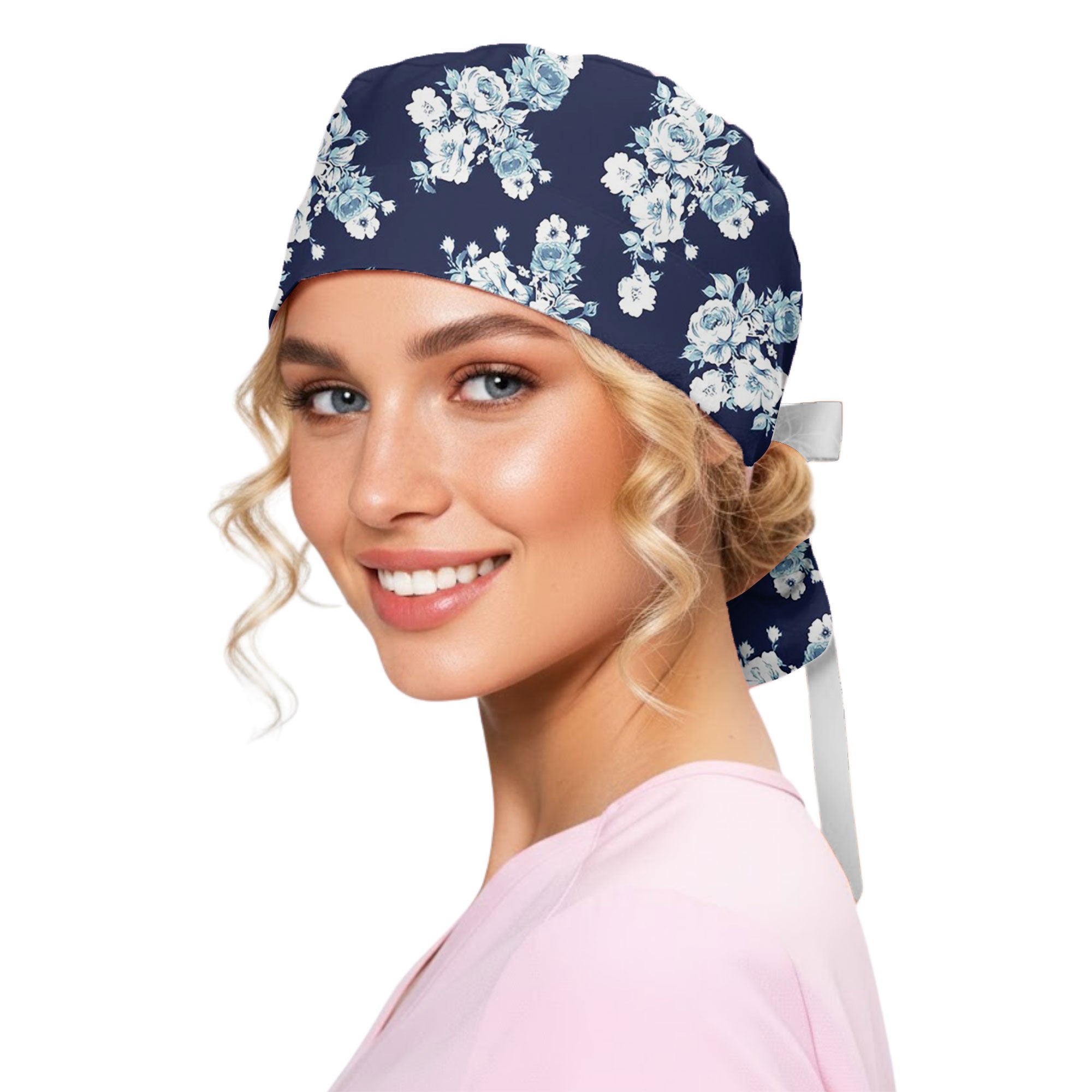 Navy Vintage Blue Rose Floral Printed Scrub Cap