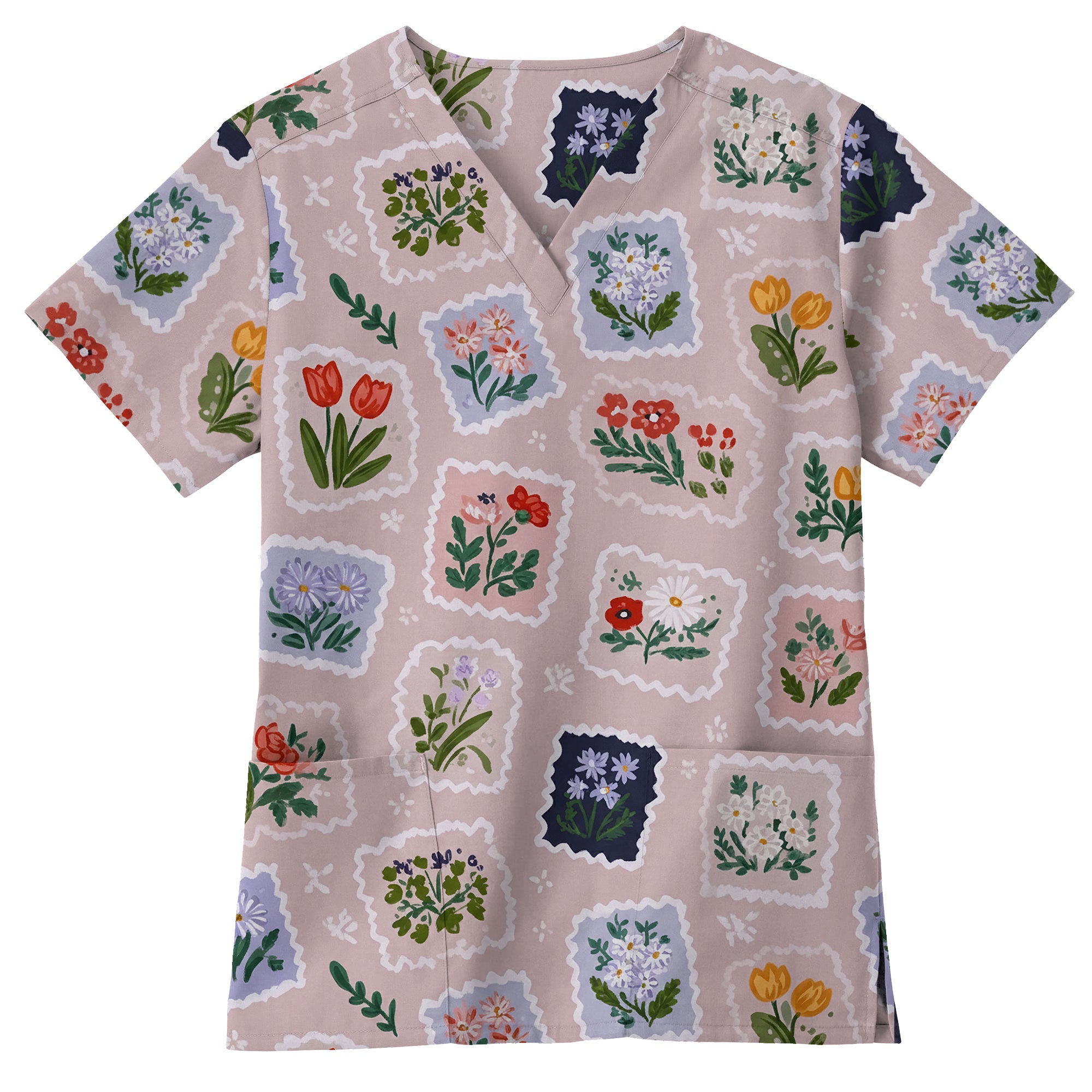 Vintage Floral Postage Stamp Printed Scrub Top for Nurses