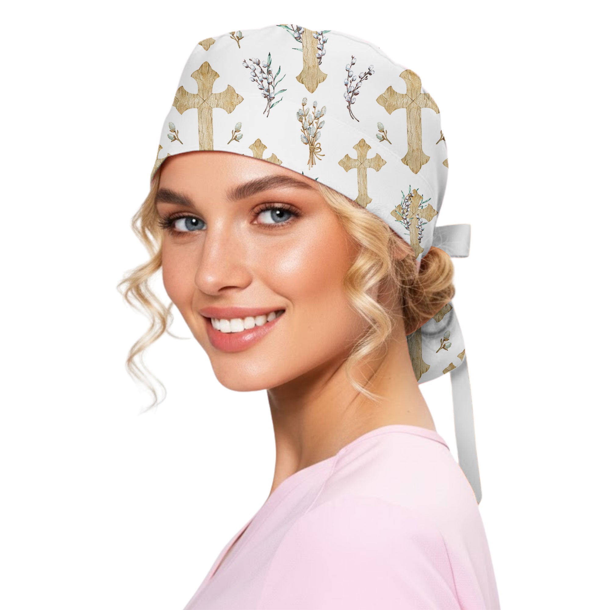 Watercolor Wooden Christian Cross Printed Scrub Cap