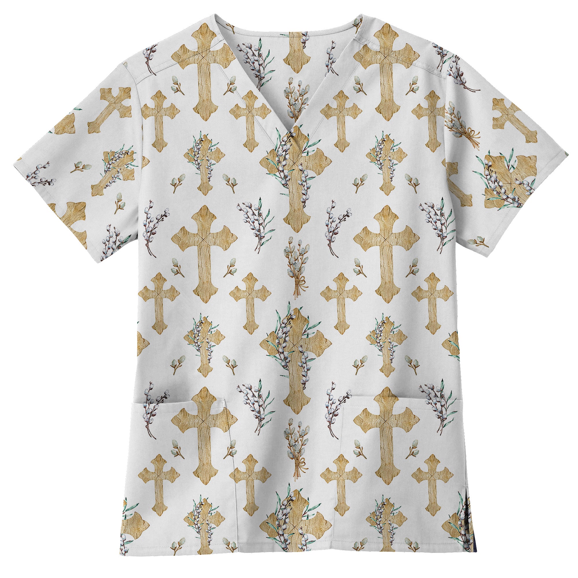 Watercolor Wooden Christian Cross Printed Scrub Top for Medical Staff