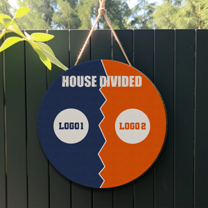 Custom House Divided Sign with Team Logos | Sports Rival Home Decor - front view, custom embroidered apparel by Intriklo