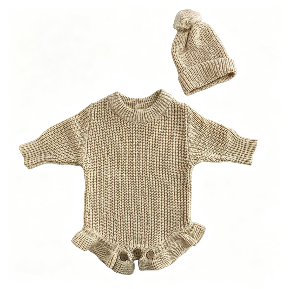 Apricot – Ruffle Hem + Hat knit baby romper
