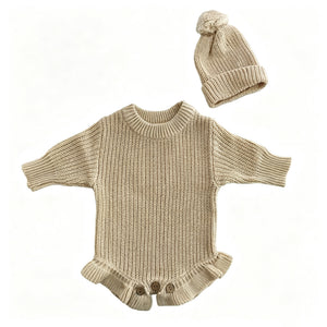 Apricot – Ruffle Hem + Hat knit baby romper