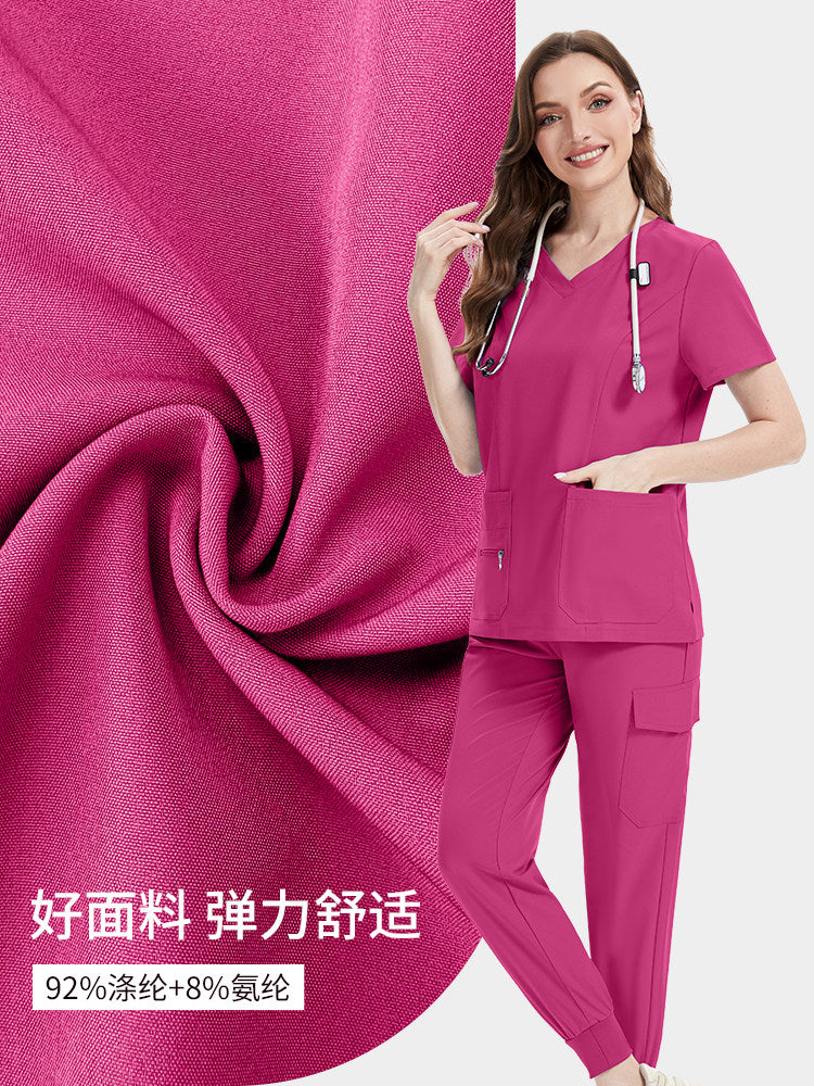 NiaaHinn Foreign Trade V-neck Short-Sleeve Nurse Uniform Set, Solid Color Stretch Quick-Dry Surgical Wear, Medical Staff Workwear