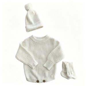 White – Classic Hem + 3-Piece Set knit baby romper